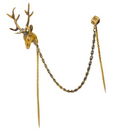 Victorian Diamond 14 Karat Gold Elk Double Stickpin, circa 1900
