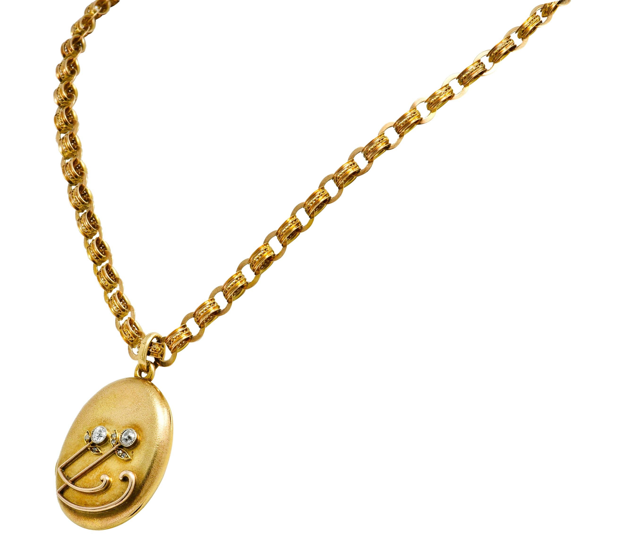Victorian Diamond 14 Karat Gold Floral Locket Necklace 1