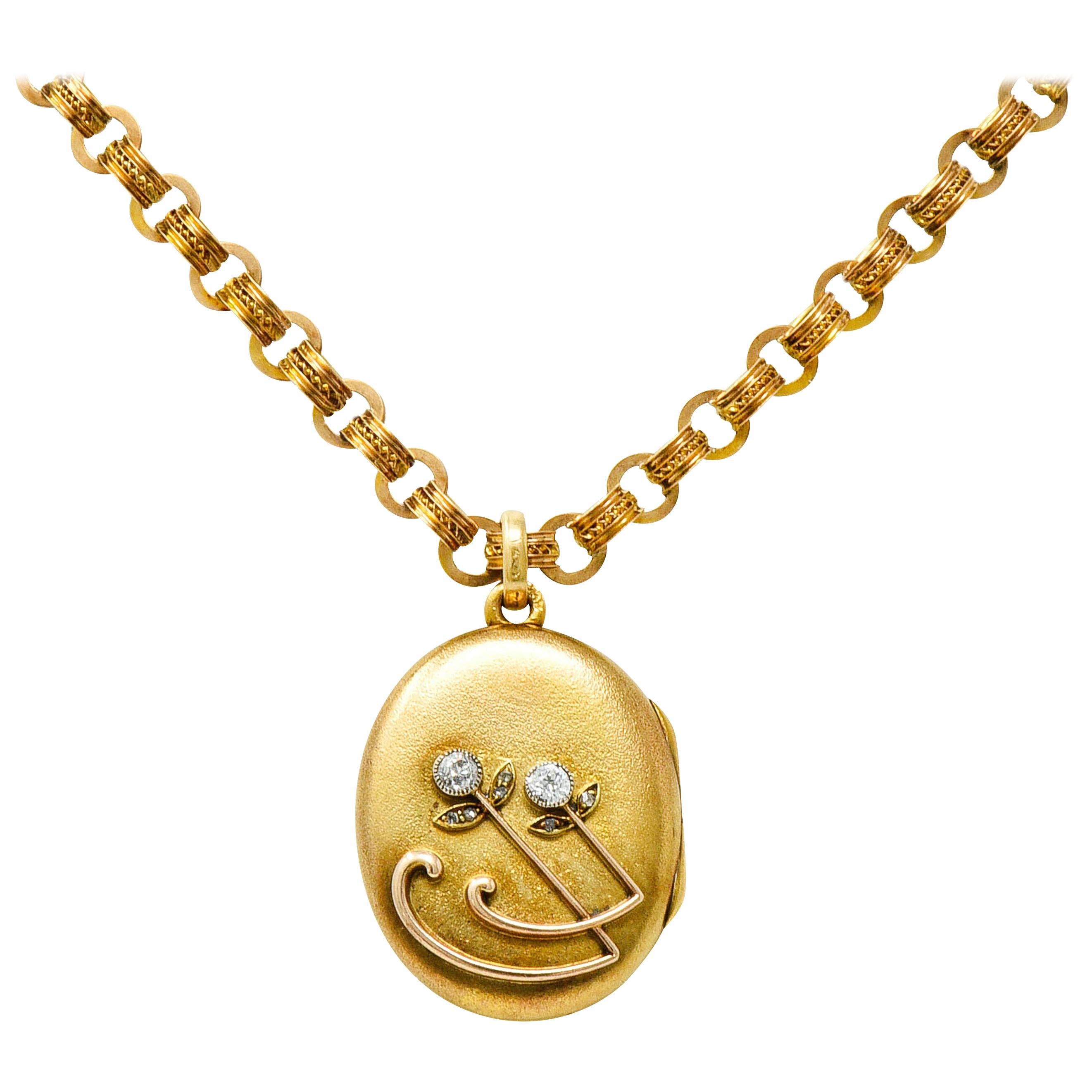 Victorian Diamond 14 Karat Gold Floral Locket Necklace