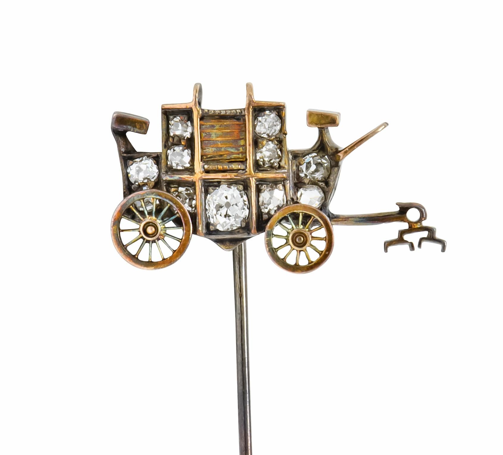 Old European Cut Victorian Diamond 14 Karat Gold Stagecoach Stickpin, circa 1900