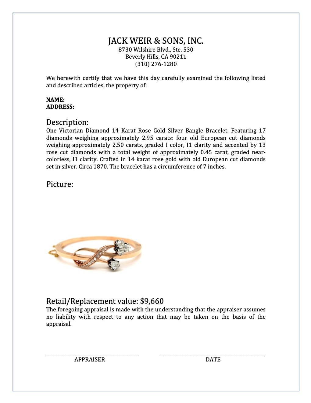 Women's or Men's Victorian Diamond 14 Karat Rose Gold Bangle Bracelet