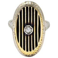 Victorian Diamond 14 Karat White Gold Enamel Striped Mourning Ring