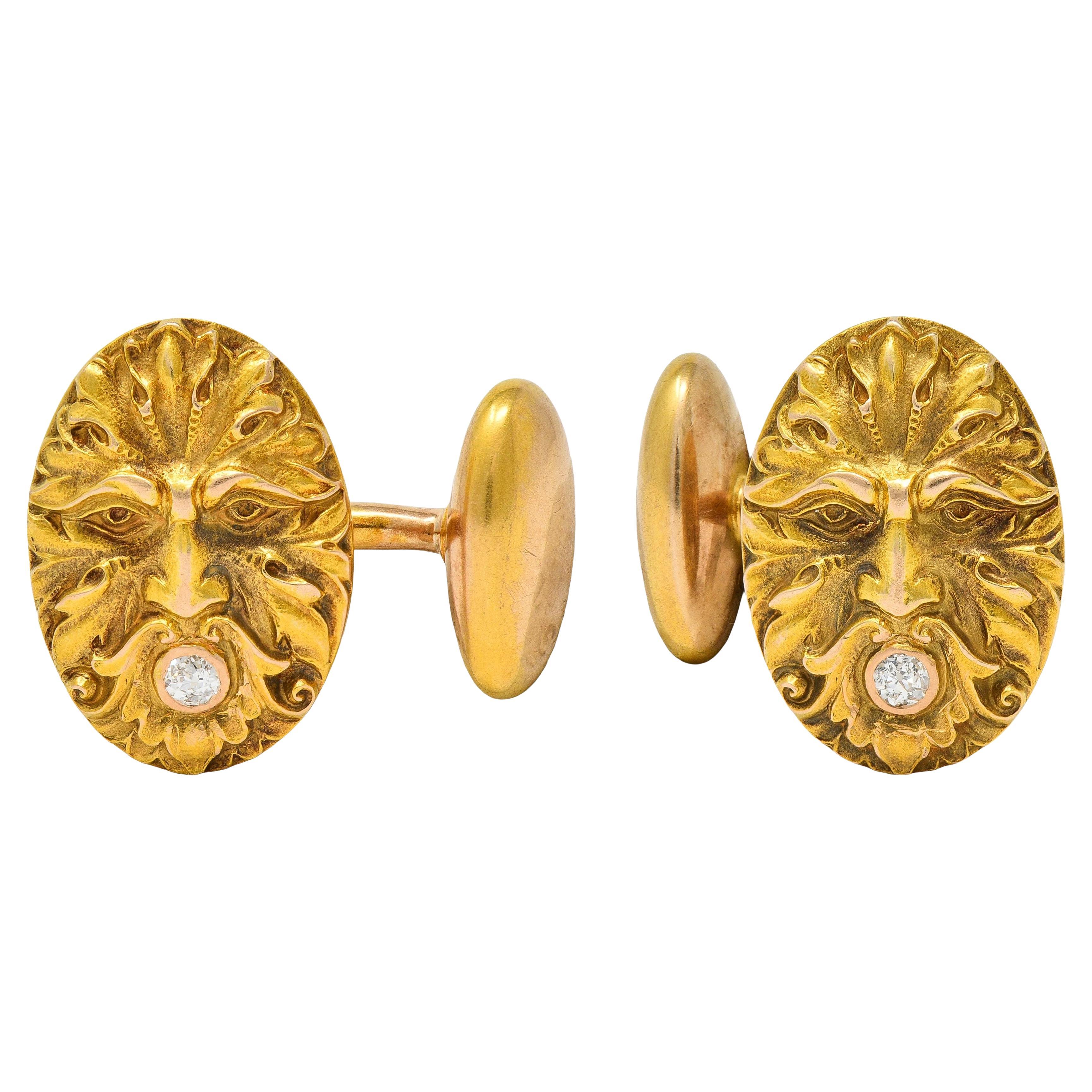 Boutons de manchette victoriens en or jaune 14 carats avec diamants Dieu du vent antique