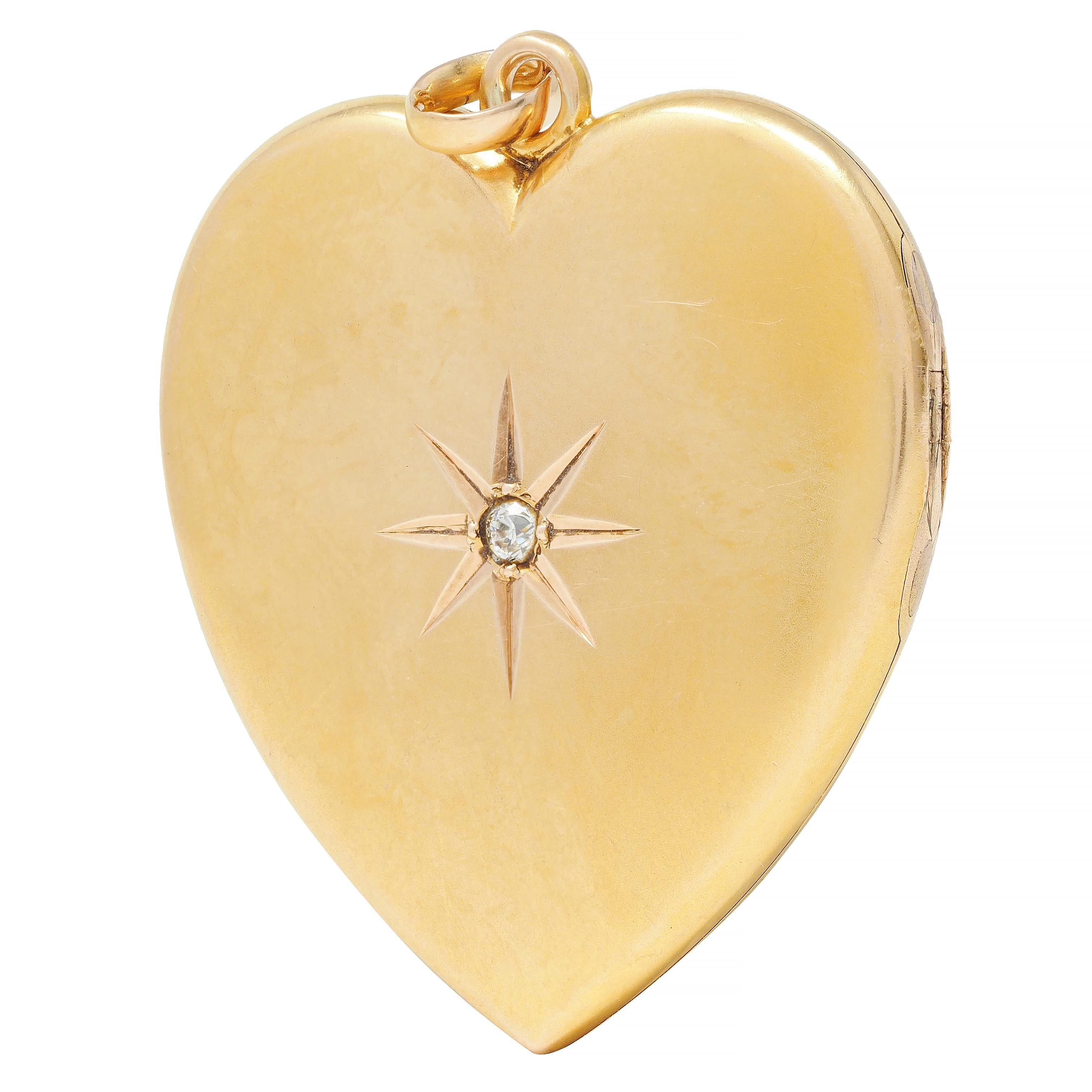 Old European Cut Victorian Diamond 14 Karat Yellow Gold Antique Heart Locket Pendant For Sale