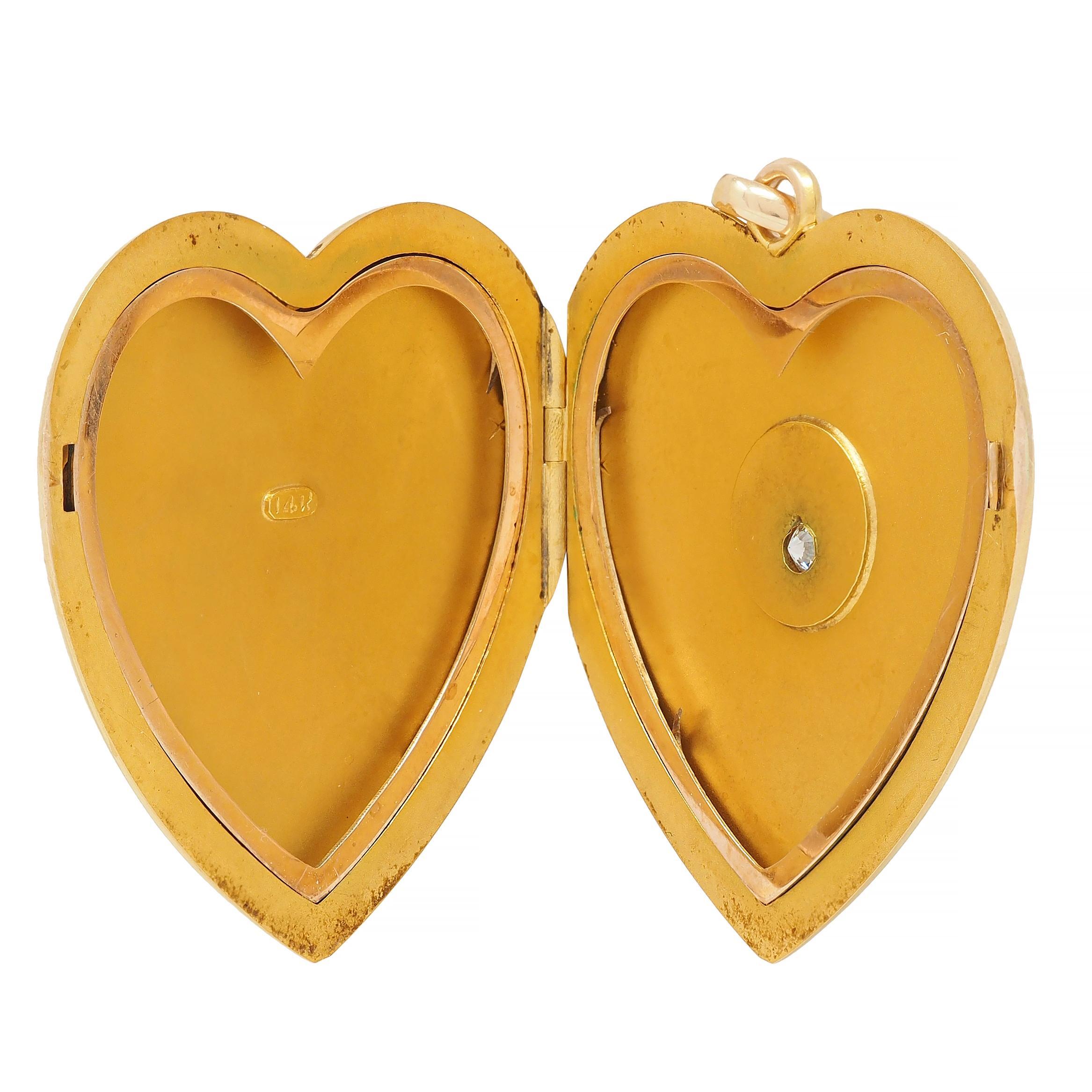 Victorian Diamond 14 Karat Yellow Gold Antique Heart Locket Pendant In Excellent Condition For Sale In Philadelphia, PA