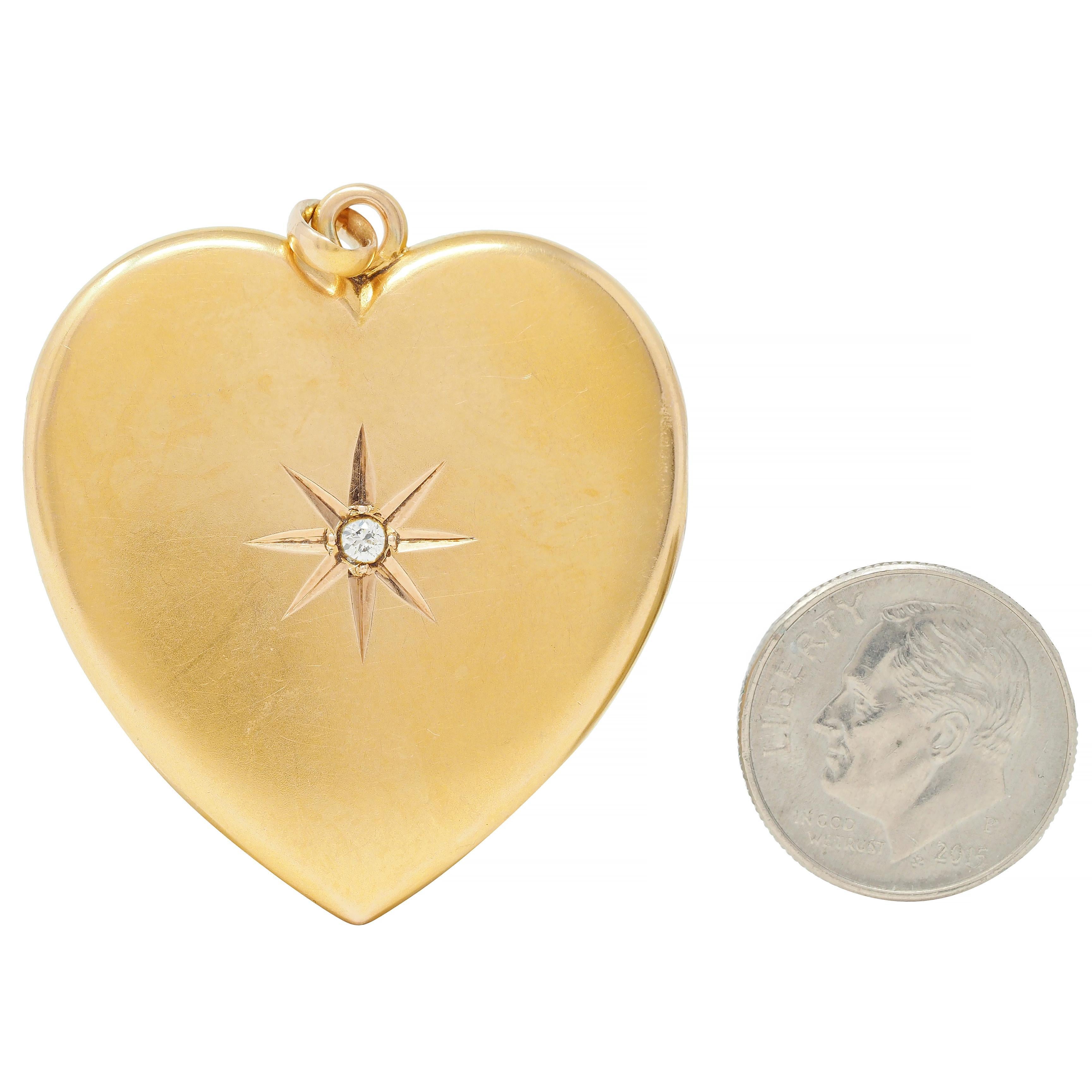 Victorian Diamond 14 Karat Yellow Gold Antique Heart Locket Pendant For Sale 3