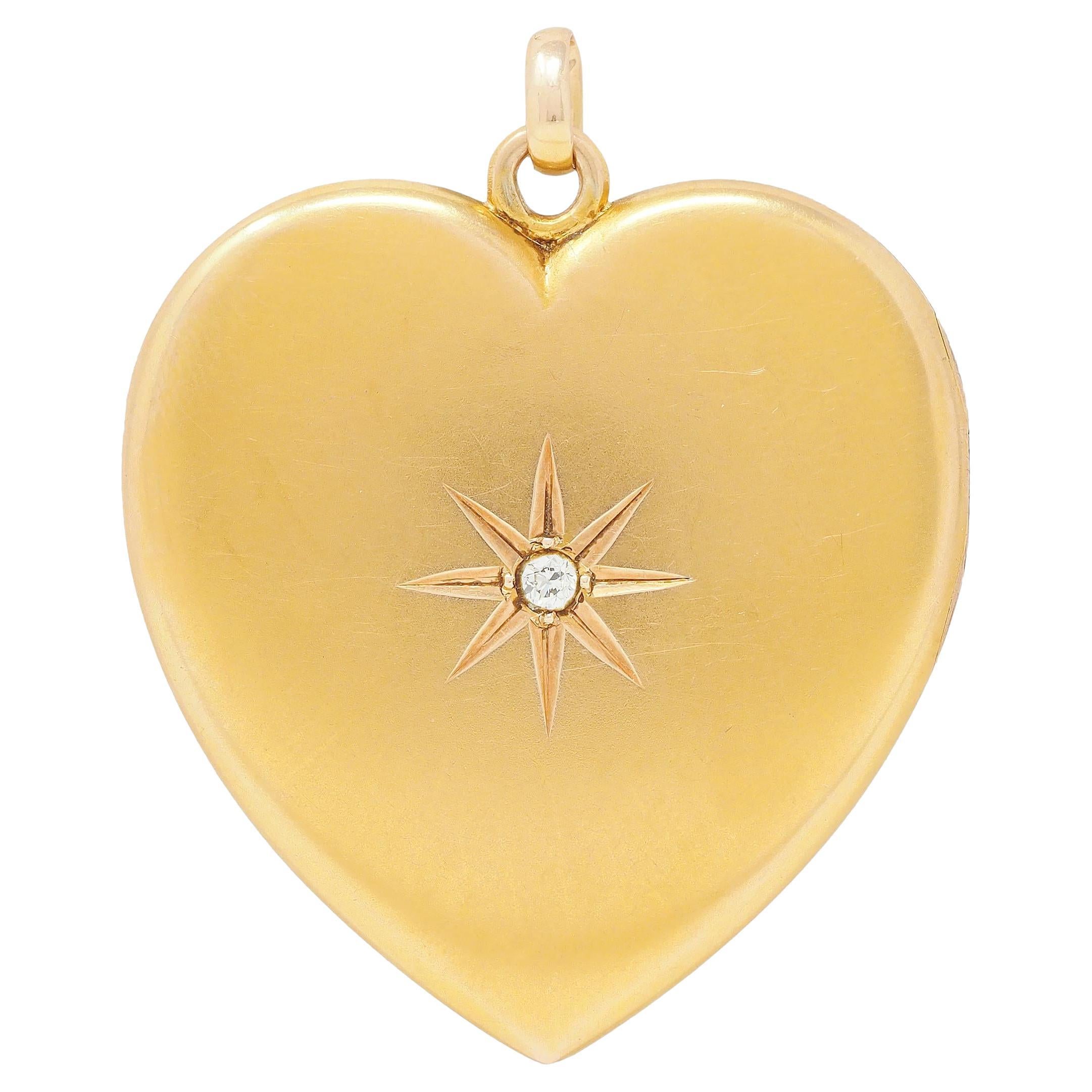 Antiker viktorianischer Herz-Medaillon-Anhänger aus 14 Karat Gelbgold mit Diamanten
