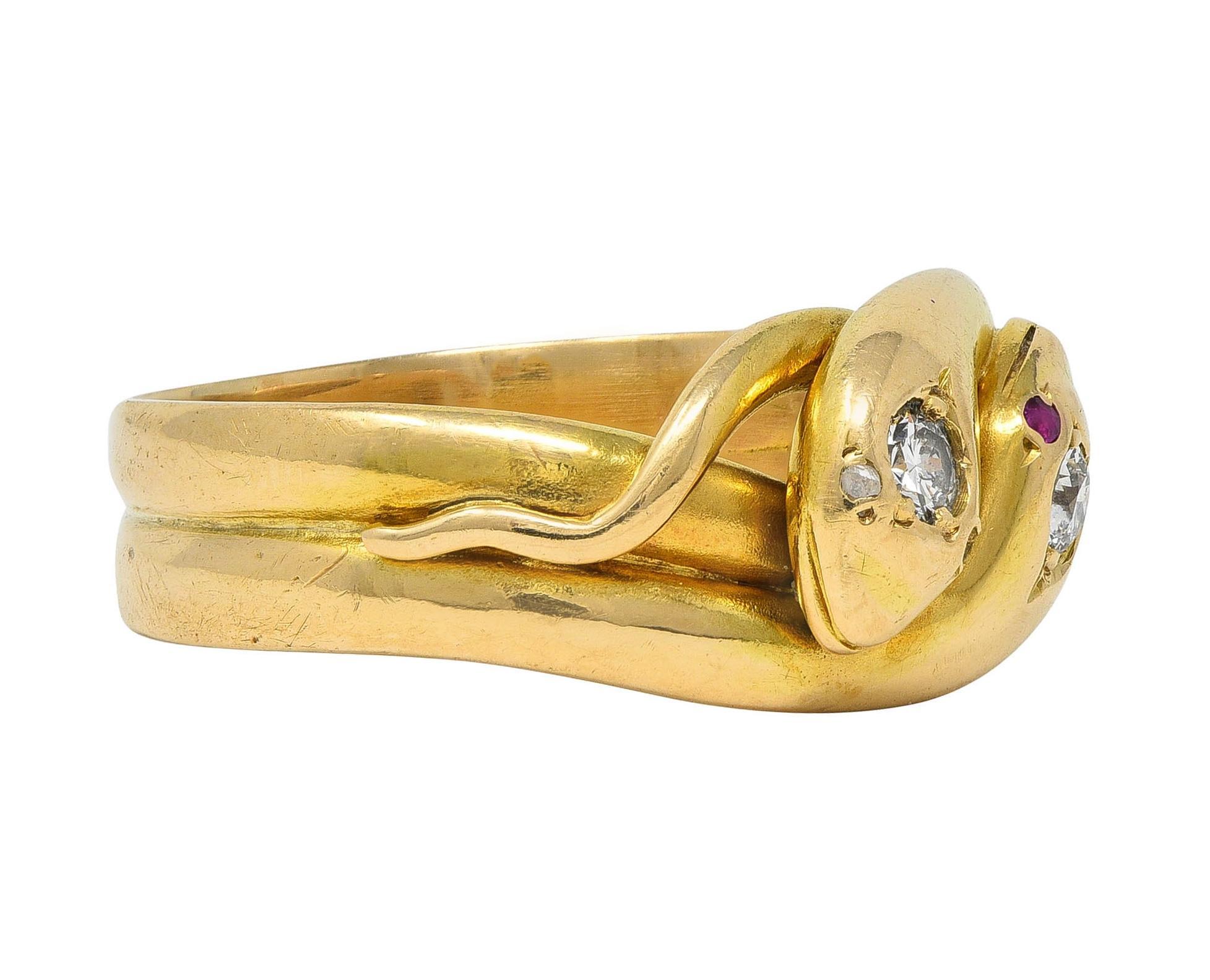 Old European Cut Victorian Diamond 14 Karat Yellow Gold Antique Lovers Knot Unisex Snake Ring For Sale