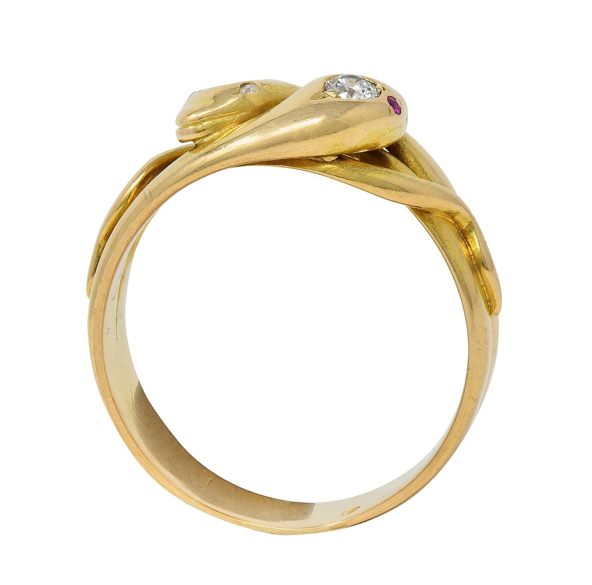 Victorian Diamond 14 Karat Yellow Gold Antique Lovers Knot Unisex Snake Ring For Sale 3