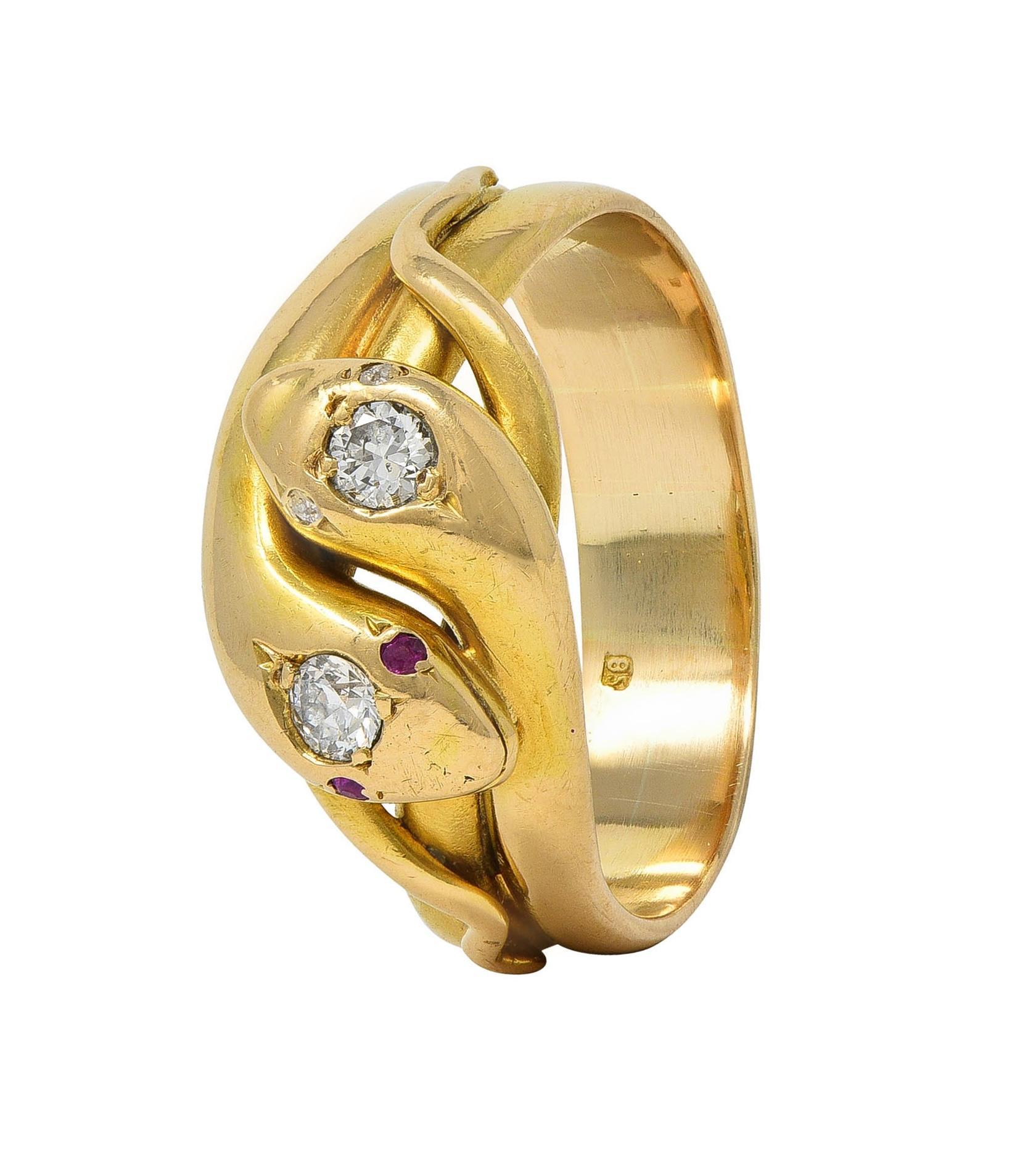Victorian Diamond 14 Karat Yellow Gold Antique Lovers Knot Unisex Snake Ring For Sale 4
