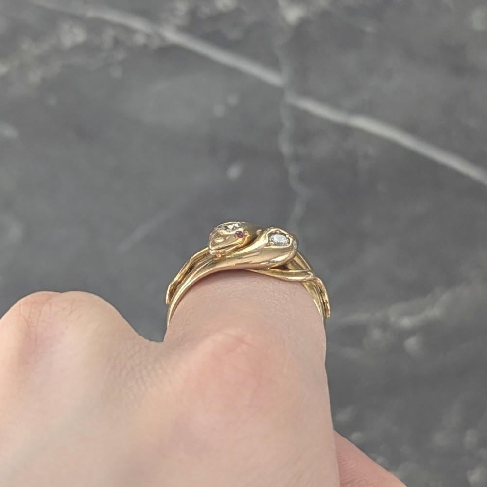 Victorian Diamond 14 Karat Yellow Gold Antique Lovers Knot Unisex Snake Ring For Sale 5