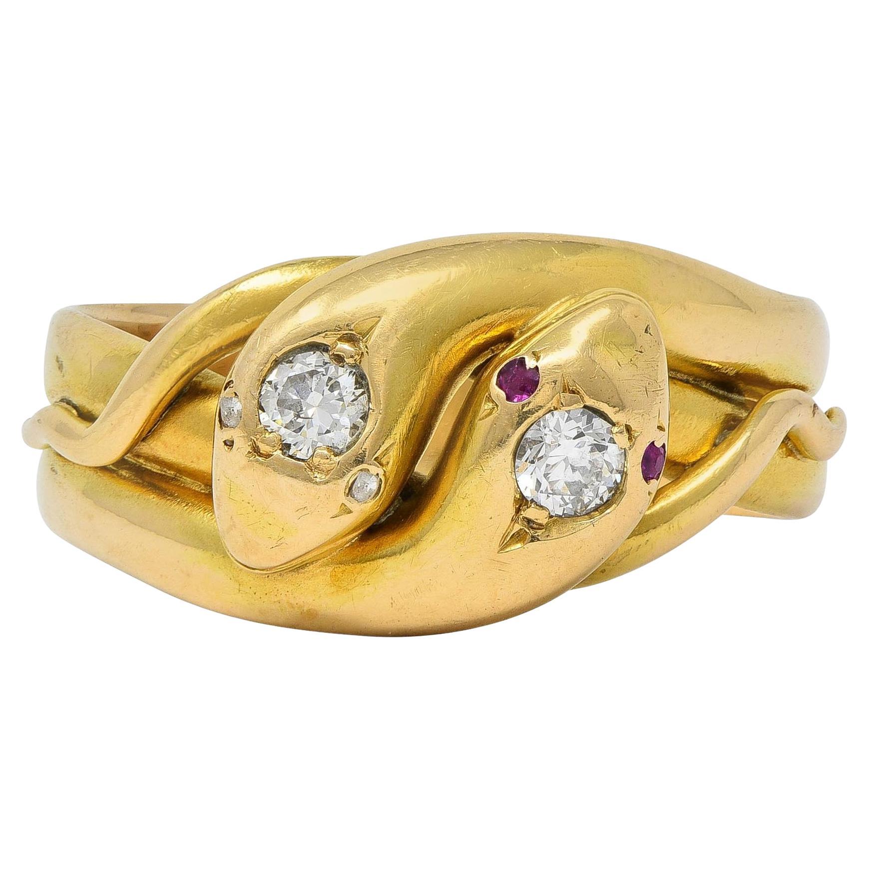 Victorian Diamond 14 Karat Yellow Gold Antique Lovers Knot Unisex Snake Ring For Sale