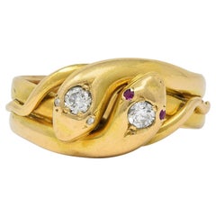 Victorian Diamond 14 Karat Yellow Gold Antique Lovers Knot Unisex Snake Ring