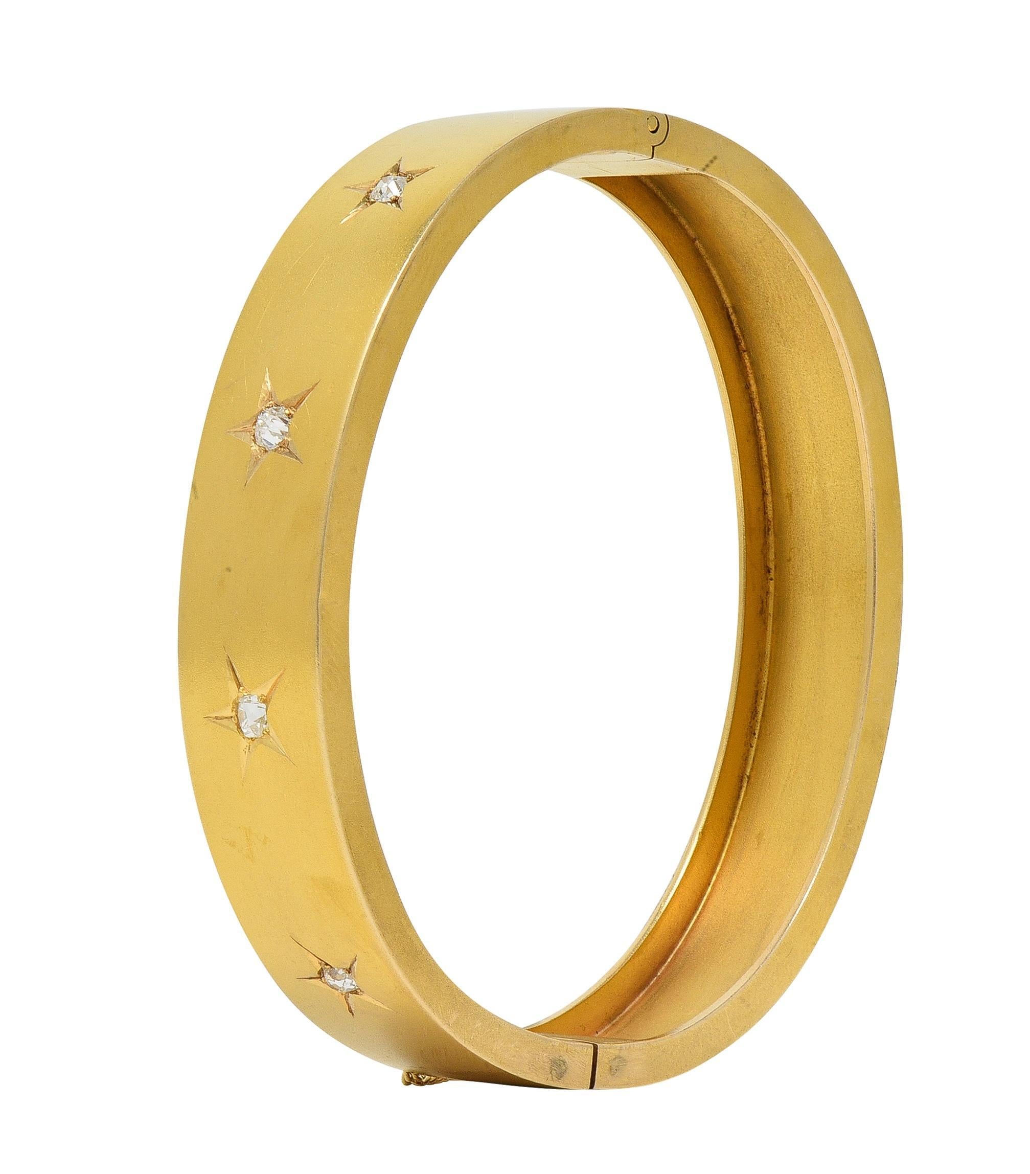Old Mine Cut Victorian Diamond 14 Karat Yellow Gold Antique Star Bangle Bracelet For Sale