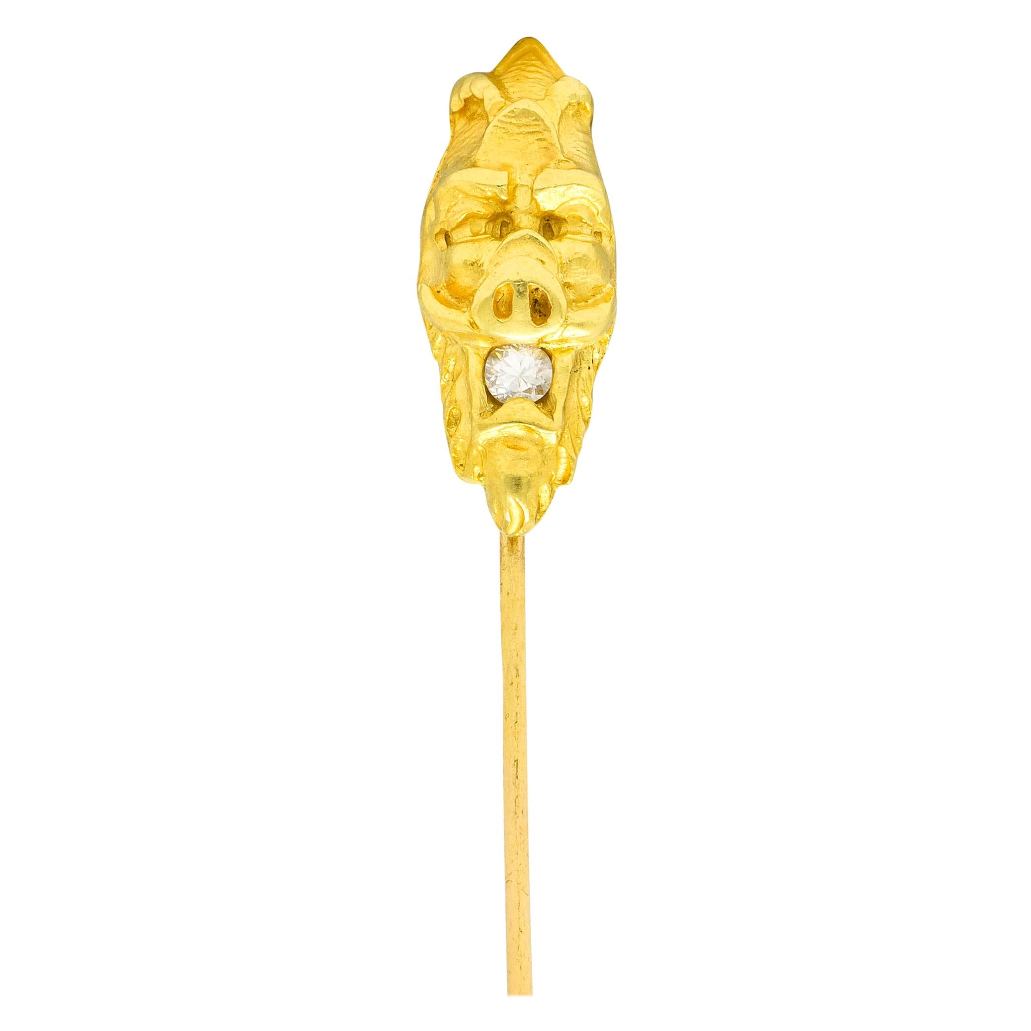 Victorian Diamond 14 Karat Yellow Gold Boar Stickpin For Sale