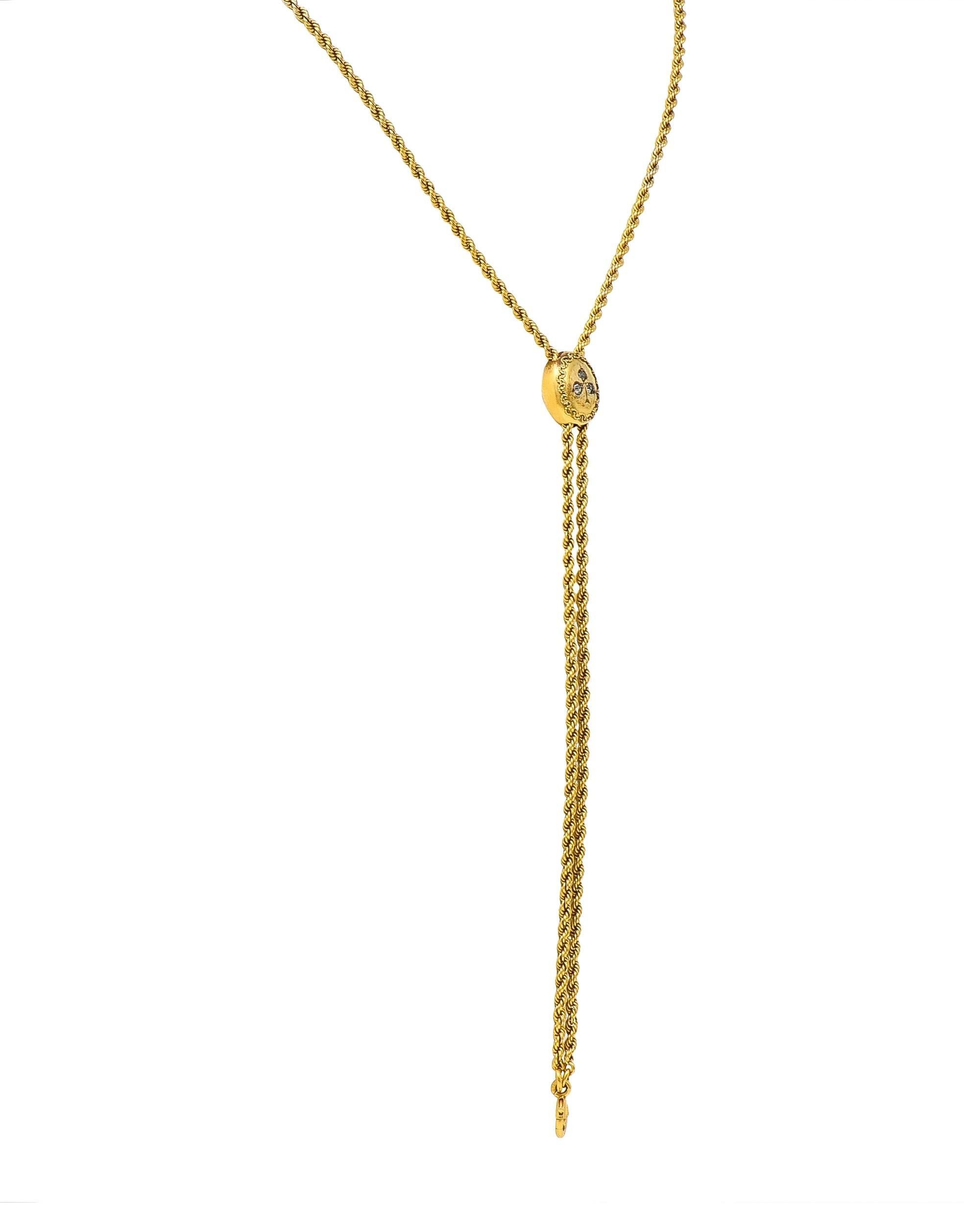 Victorian Diamond 14 Karat Yellow Gold Clover Slide Chain Antique Necklace 1