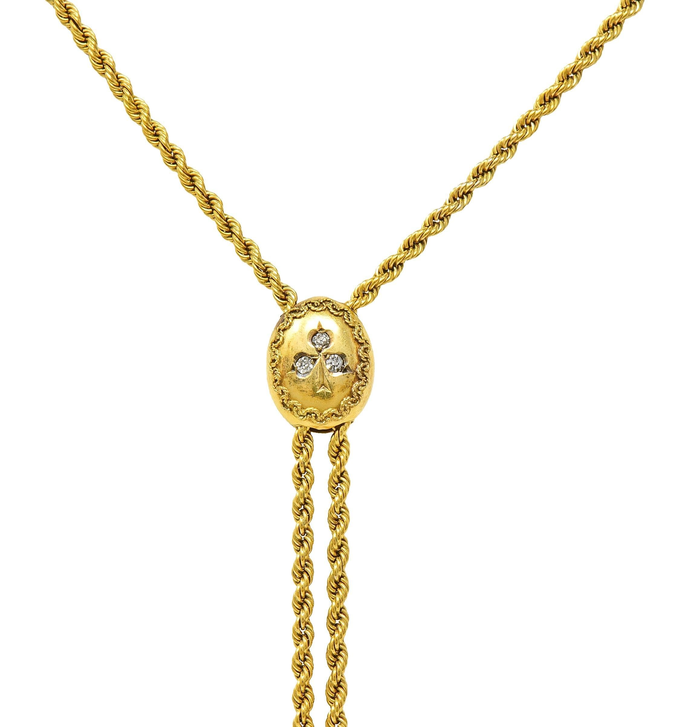 Victorian Diamond 14 Karat Yellow Gold Clover Slide Chain Antique Necklace 3