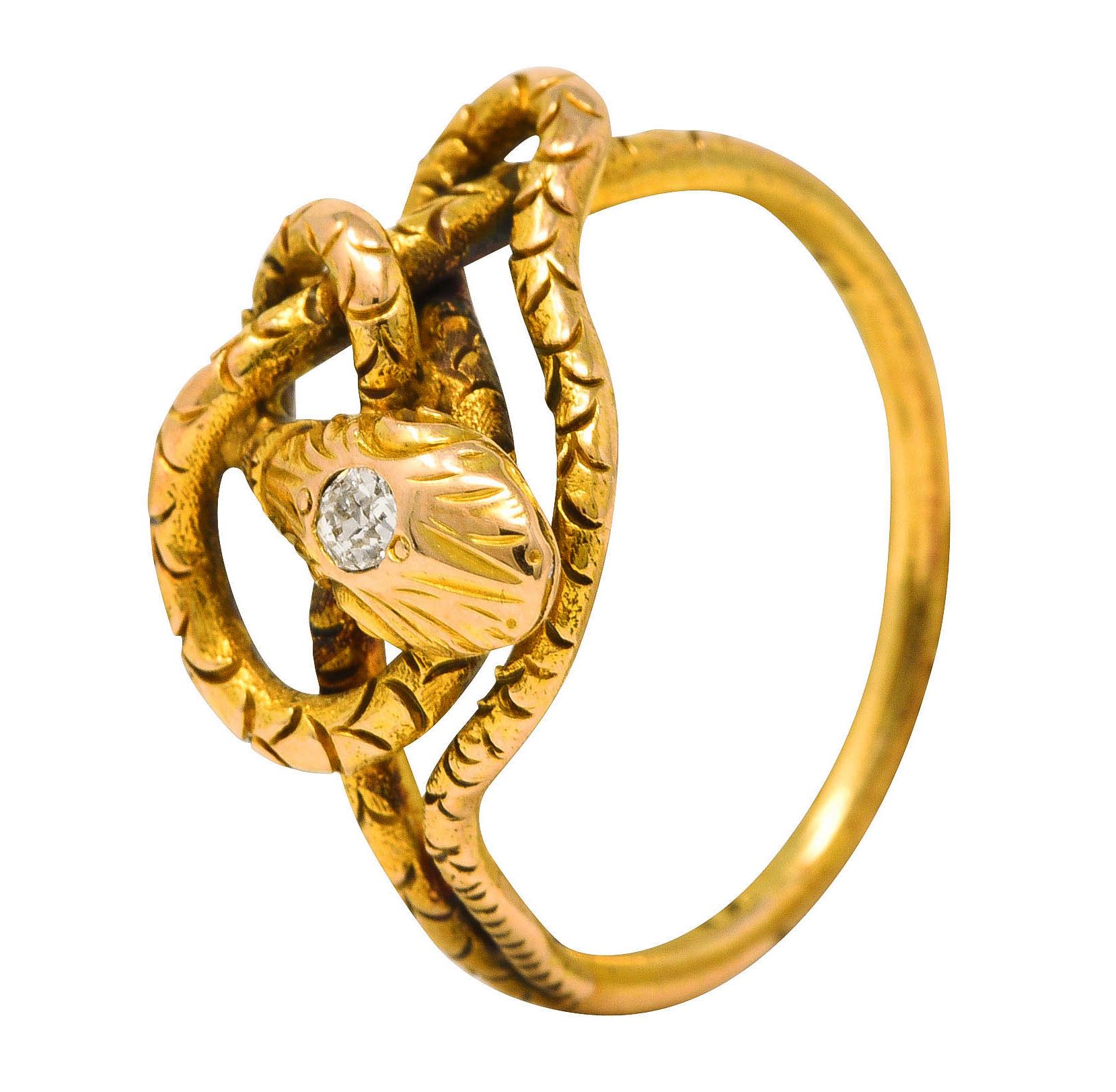 Victorian Diamond 14 Karat Yellow Gold Snake Love Knot Ring 4