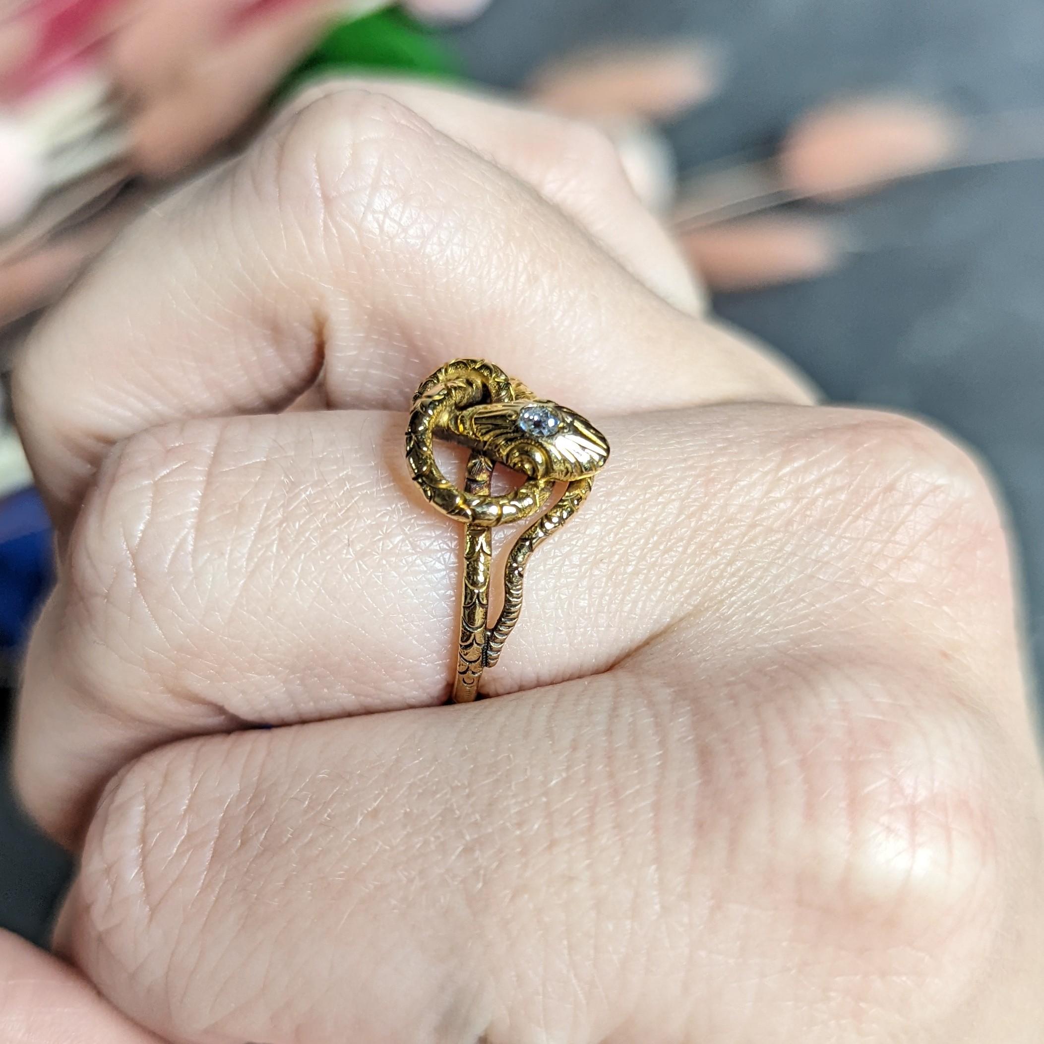 Victorian Diamond 14 Karat Yellow Gold Snake Love Knot Ring 6