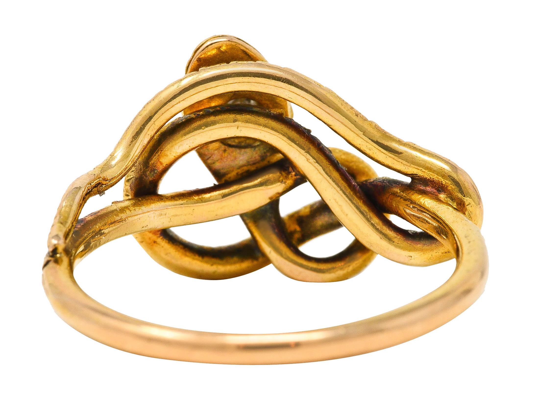 Old Mine Cut Victorian Diamond 14 Karat Yellow Gold Snake Love Knot Ring