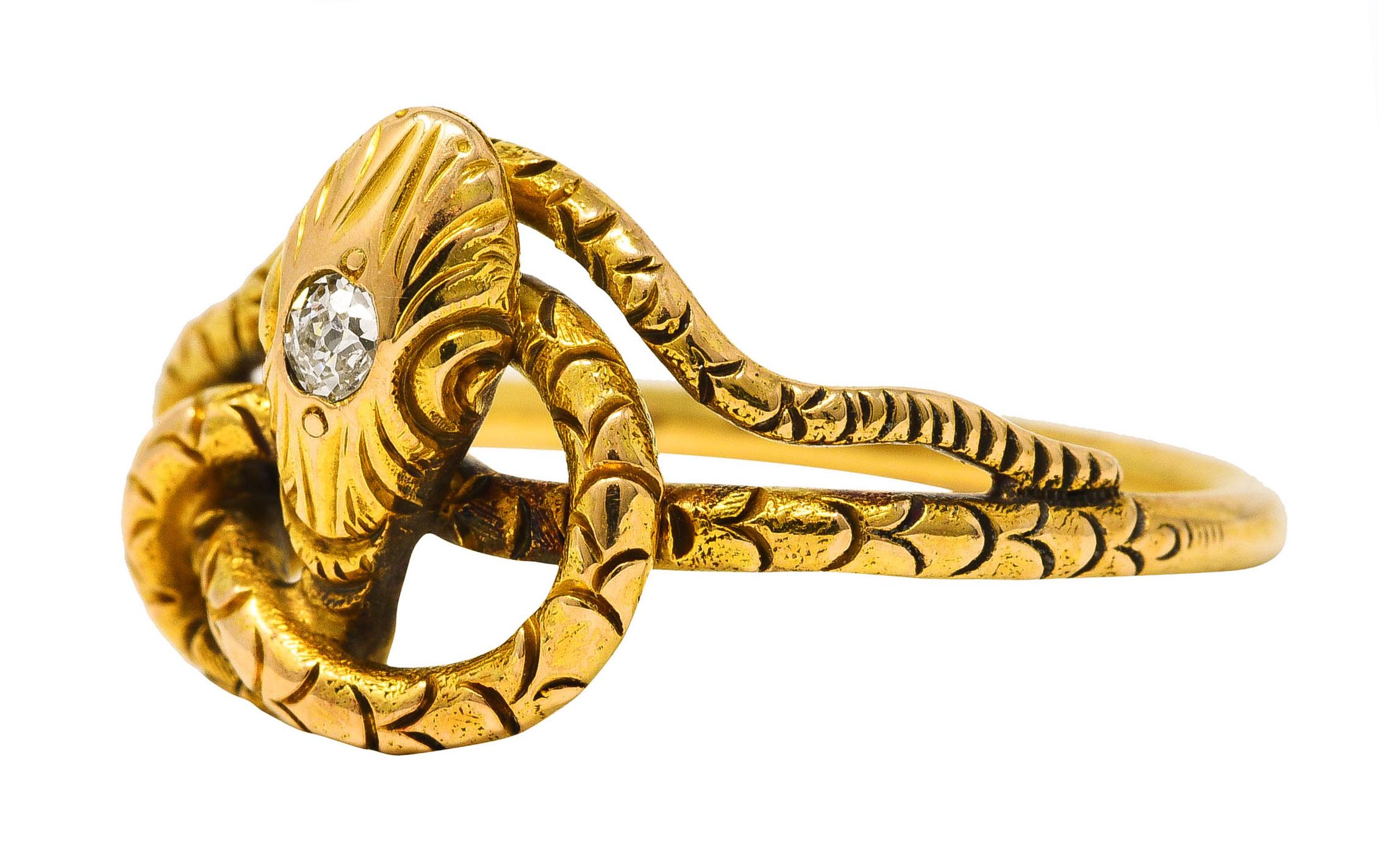 Women's or Men's Victorian Diamond 14 Karat Yellow Gold Snake Love Knot Ring