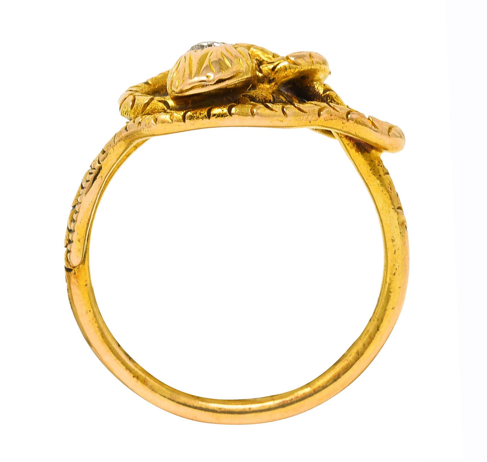 Victorian Diamond 14 Karat Yellow Gold Snake Love Knot Ring 3
