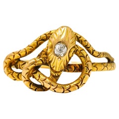Victorian Diamond 14 Karat Yellow Gold Snake Love Knot Ring