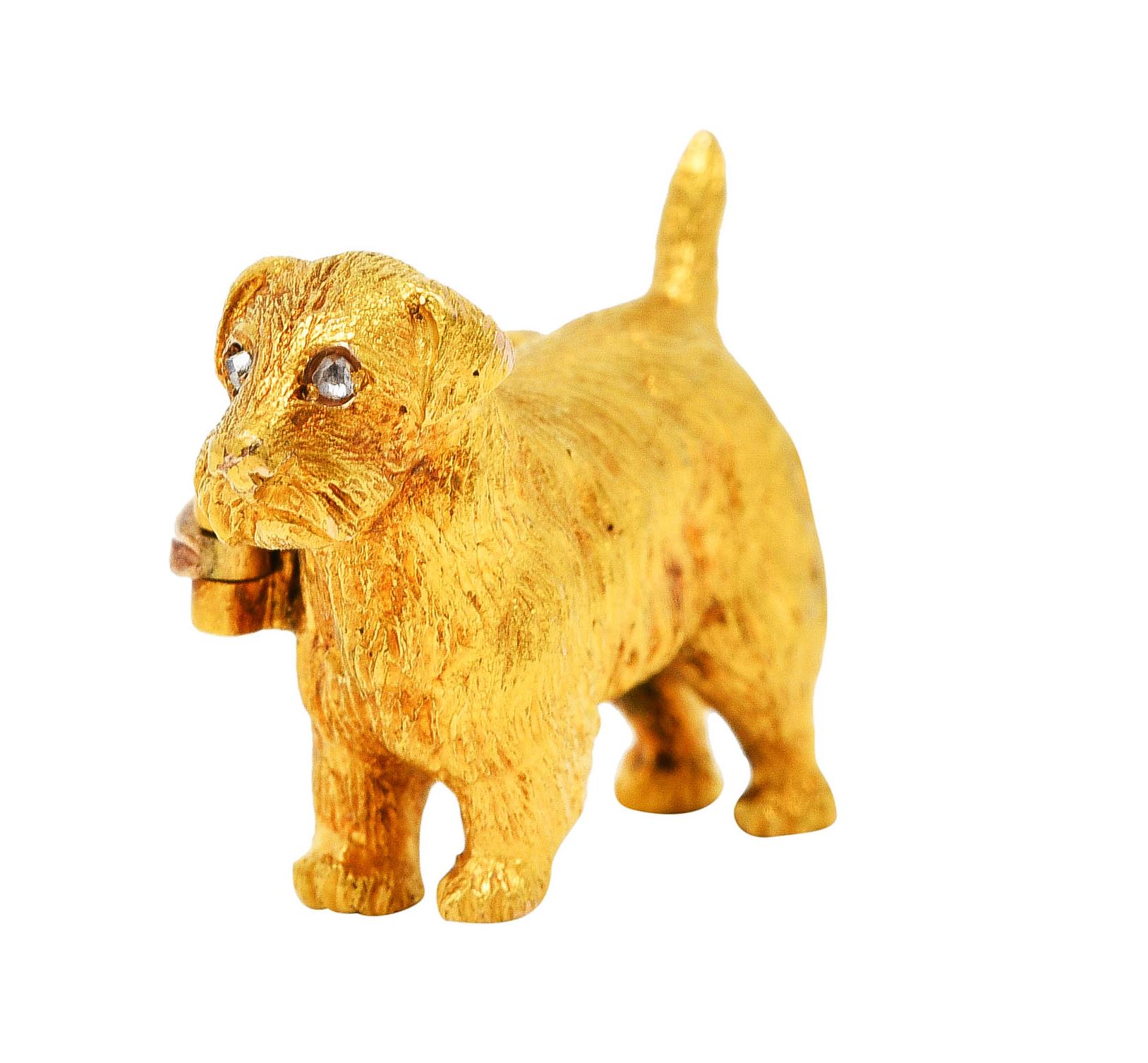 Brooch is designed as highly rendered terrier dog with texturous fur

Accented by rose cut diamond eyes - eye clean and bright

Completed by hinged pinstem with locking closure

Tested as 14 karat gold

Circa: 1900

Measures: 11/16 x 1 inch

Total