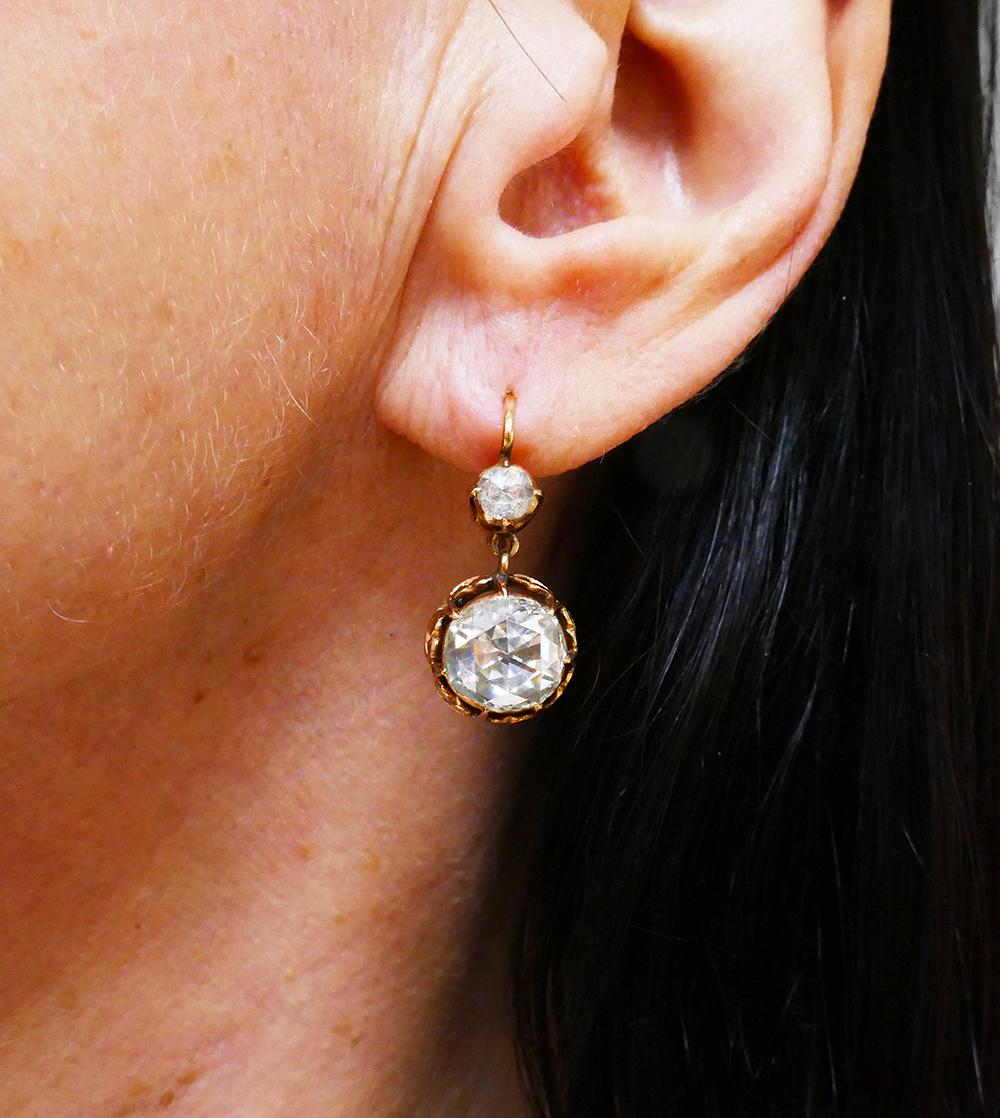 Rose Cut Victorian Diamond 14k Gold Drop Stud Earrings, Antique Estate Jewelry For Sale