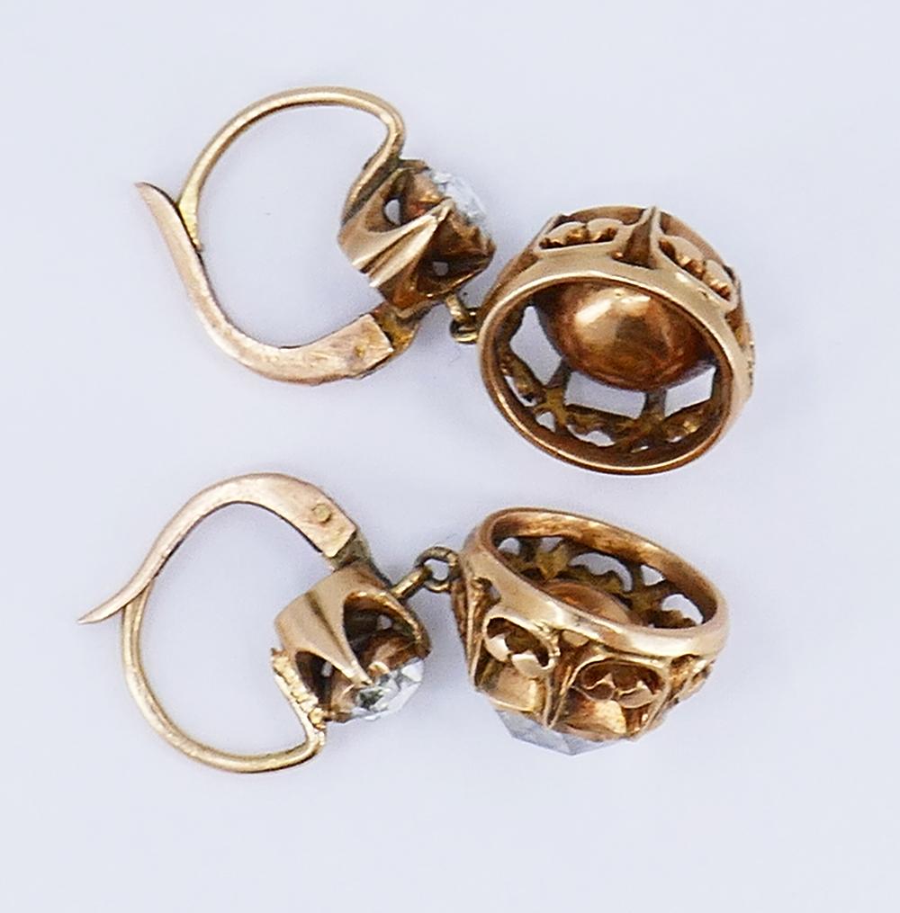 Victorian Diamond 14k Gold Drop Stud Earrings, Antique Estate Jewelry For Sale 1