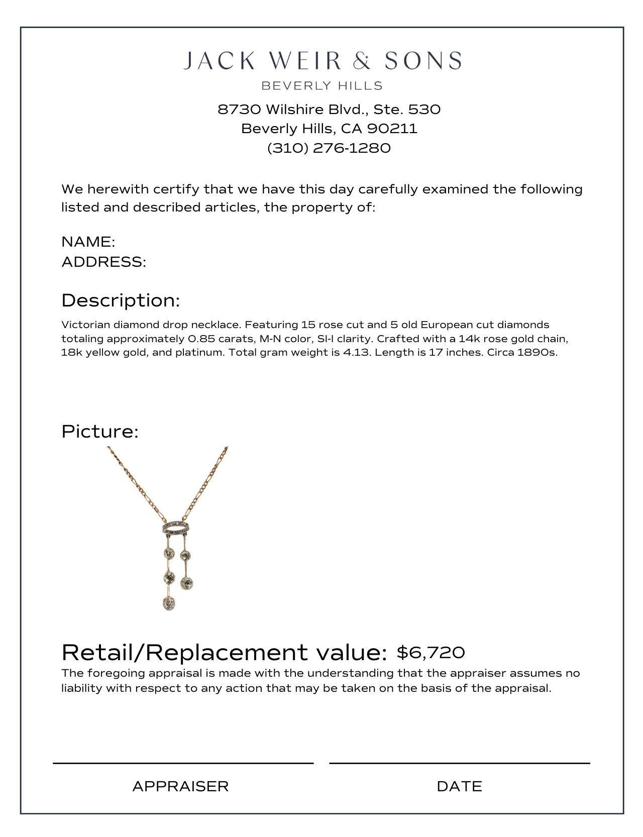 Victorian diamond 14k rose gold 18k yellow gold drop necklace In Excellent Condition For Sale In Beverly Hills, CA