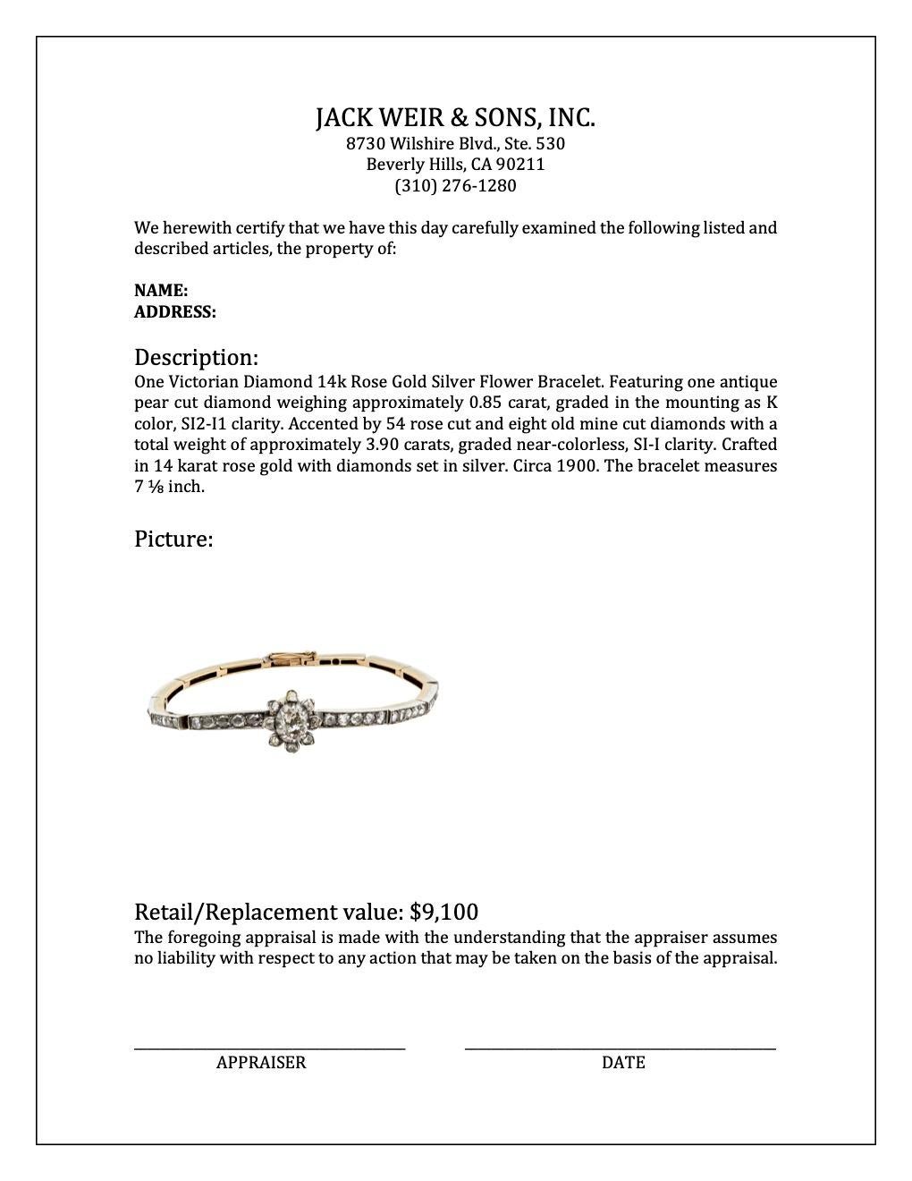 Women's or Men's Victorian Diamond 14k Rose Gold Silver Flower Bracelet
