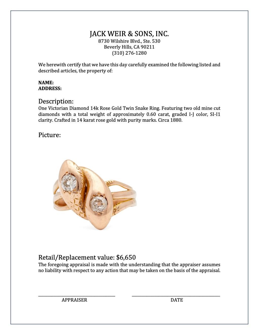 Victorian Diamond 14k Rose Gold Twin Snake Ring 2