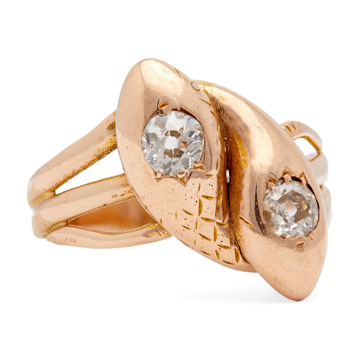 Women's or Men's Victorian Diamond 14k Rose Gold Twin Snake Ring