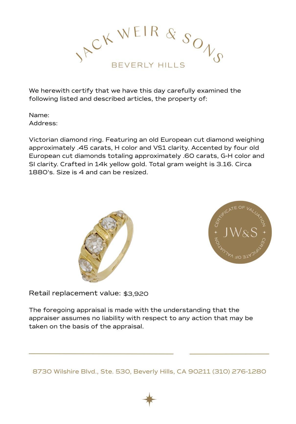 Old European Cut Victorian diamond 14k yellow gold 5 stone ring For Sale