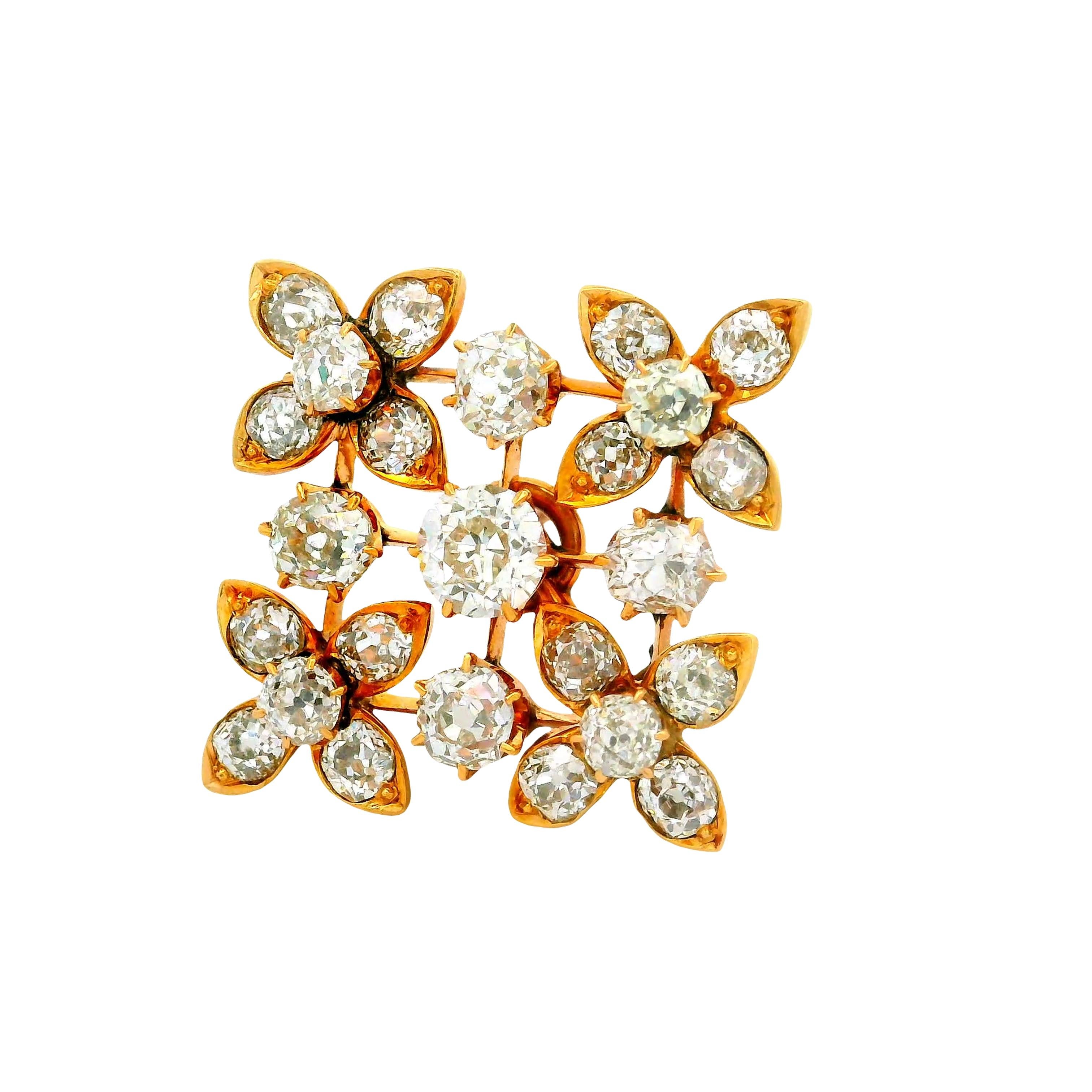 Viktorianischer Diamant 14K Gelbgold Blume Anhänger Brosche (Alteuropäischer Brillantschliff) im Angebot