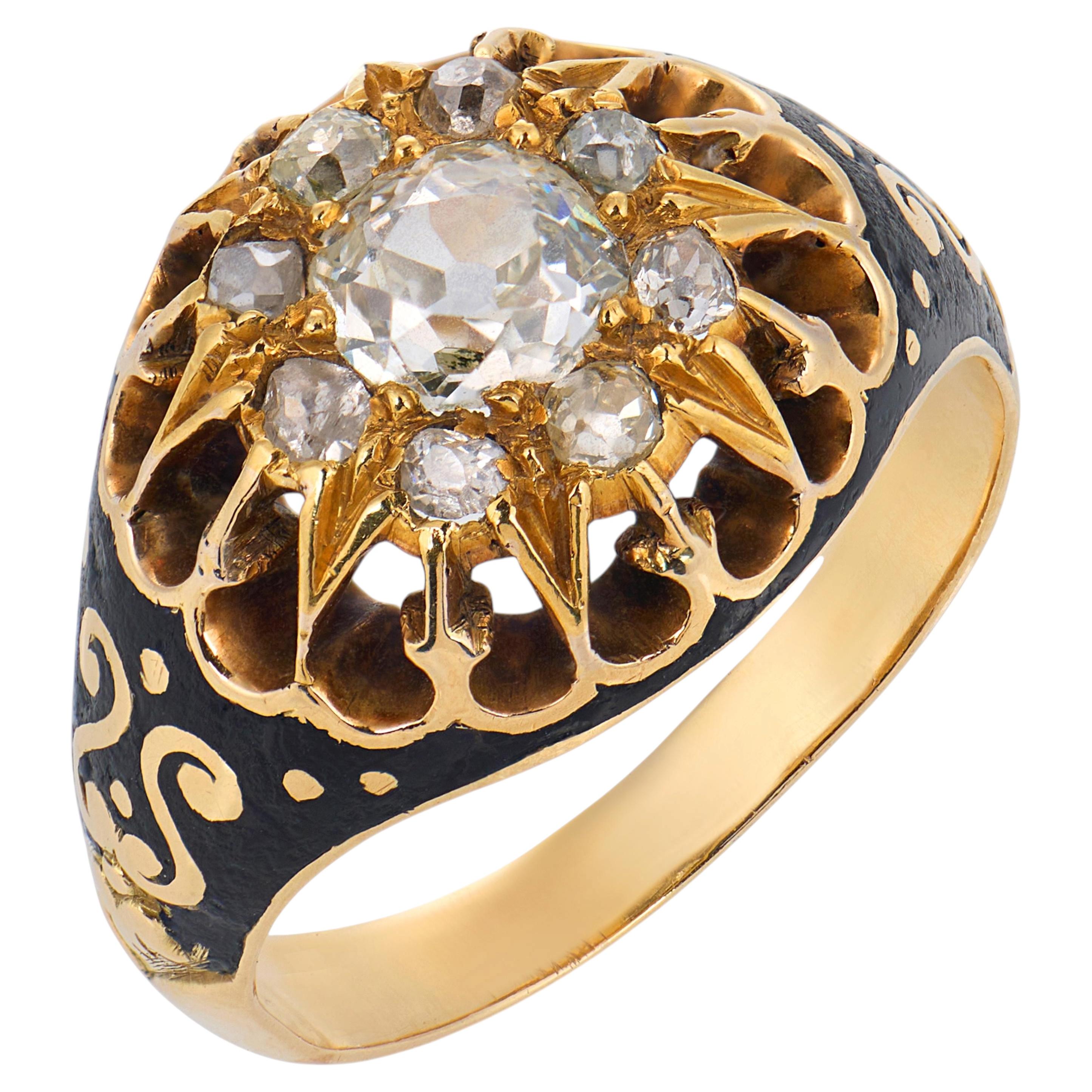 Victorian diamond 14K yellow gold silver enamel ring