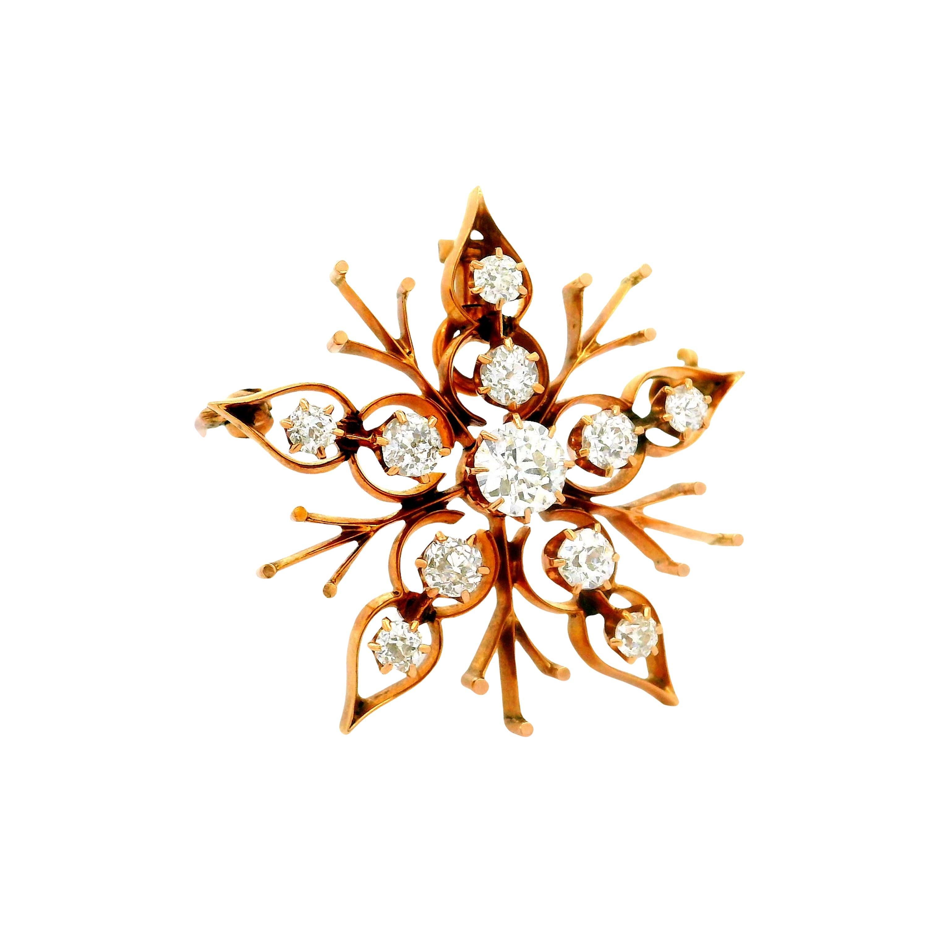 Un'antica spilla della fine del 1800 con circa 2,50 carati di diamanti brillanti di vecchia data. Realizzata in oro giallo 14 carati, la spilla presenta un intricato disegno a fiocco di neve, con diamanti disposti in un motivo simmetrico che ne