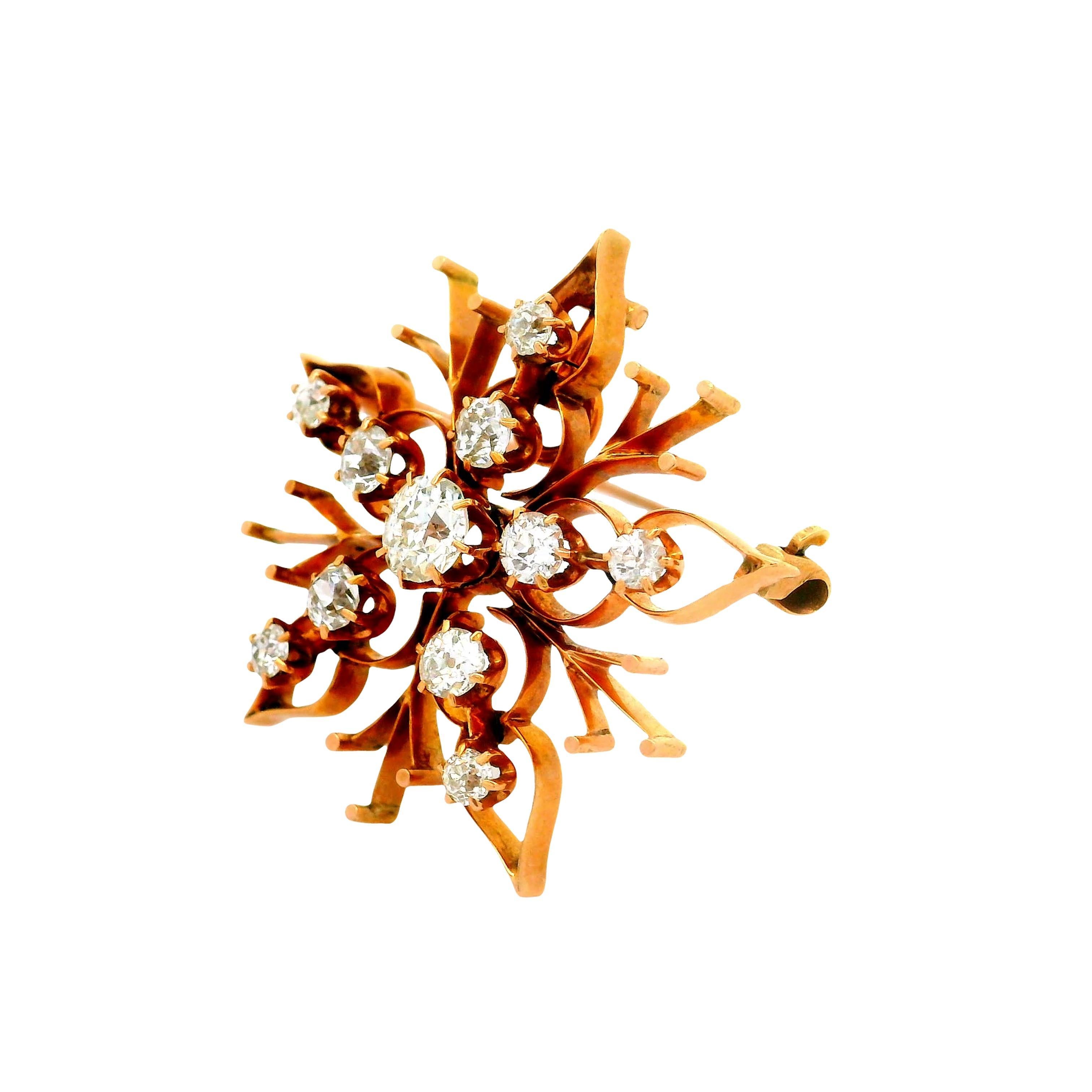 Spilla vittoriana con ciondolo a fiocco di neve in oro giallo 14K e diamanti In condizioni buone in vendita a Beverly Hills, CA