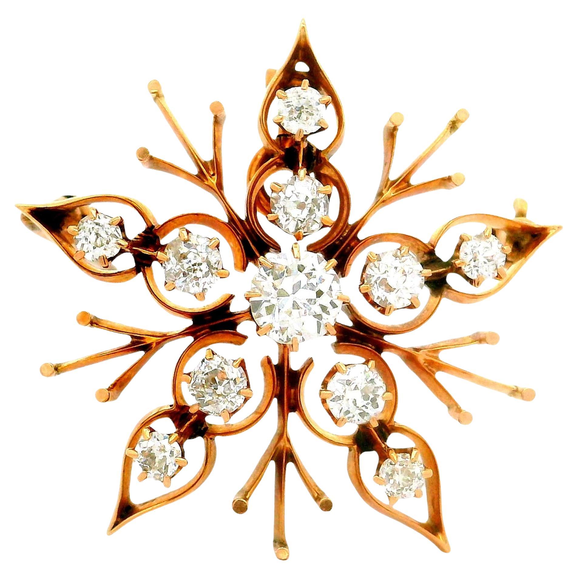 Spilla vittoriana con ciondolo a fiocco di neve in oro giallo 14K e diamanti in vendita