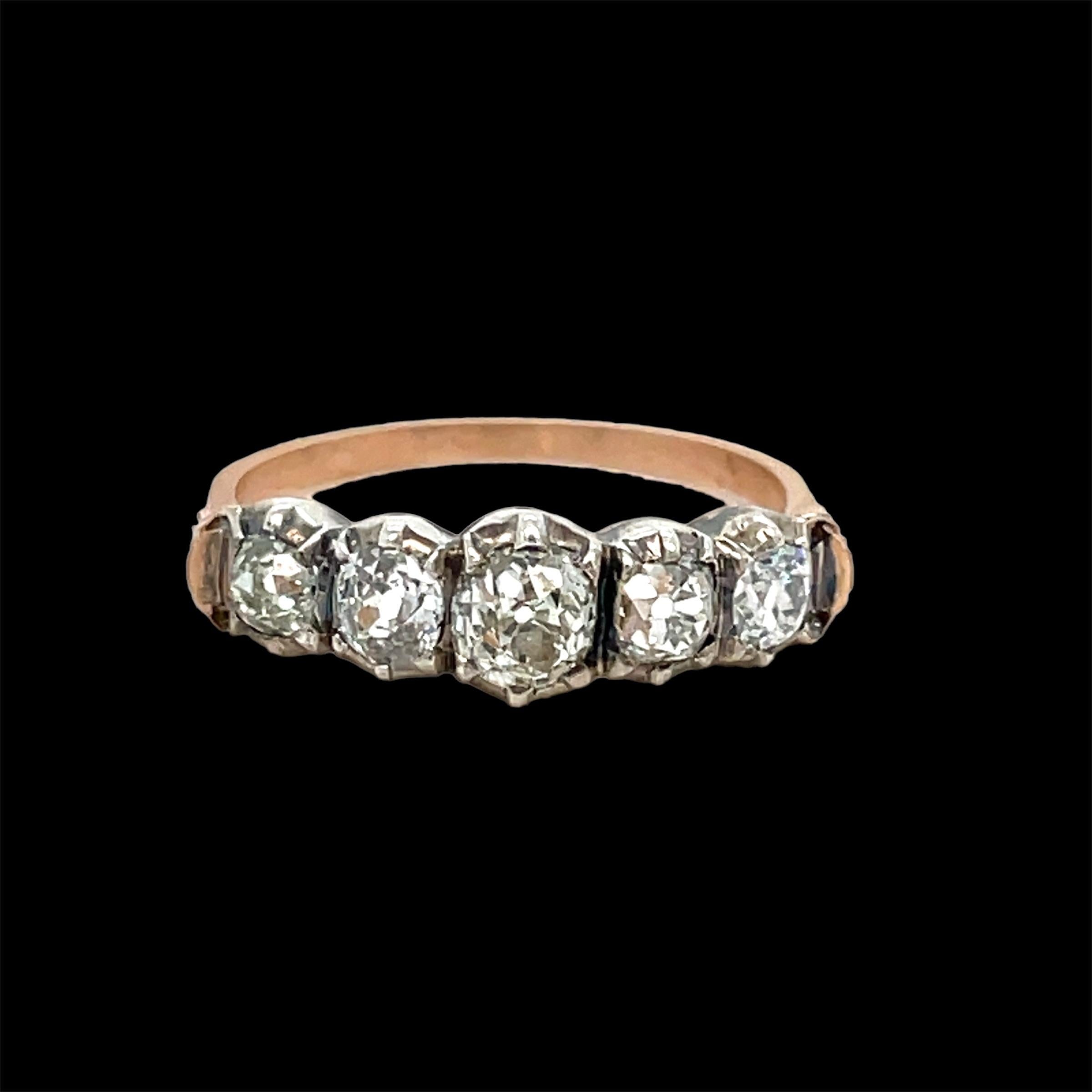 Old Mine Cut Victorian Diamond 1.50 Carat Five-Stone Gold and Silver Ring For Sale