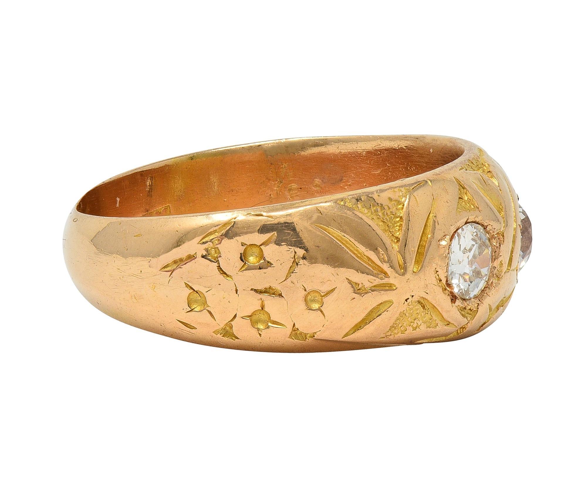 Old Mine Cut Victorian Diamond 18 Karat Yellow Gold Antique Floral Three Stone Band Ring For Sale