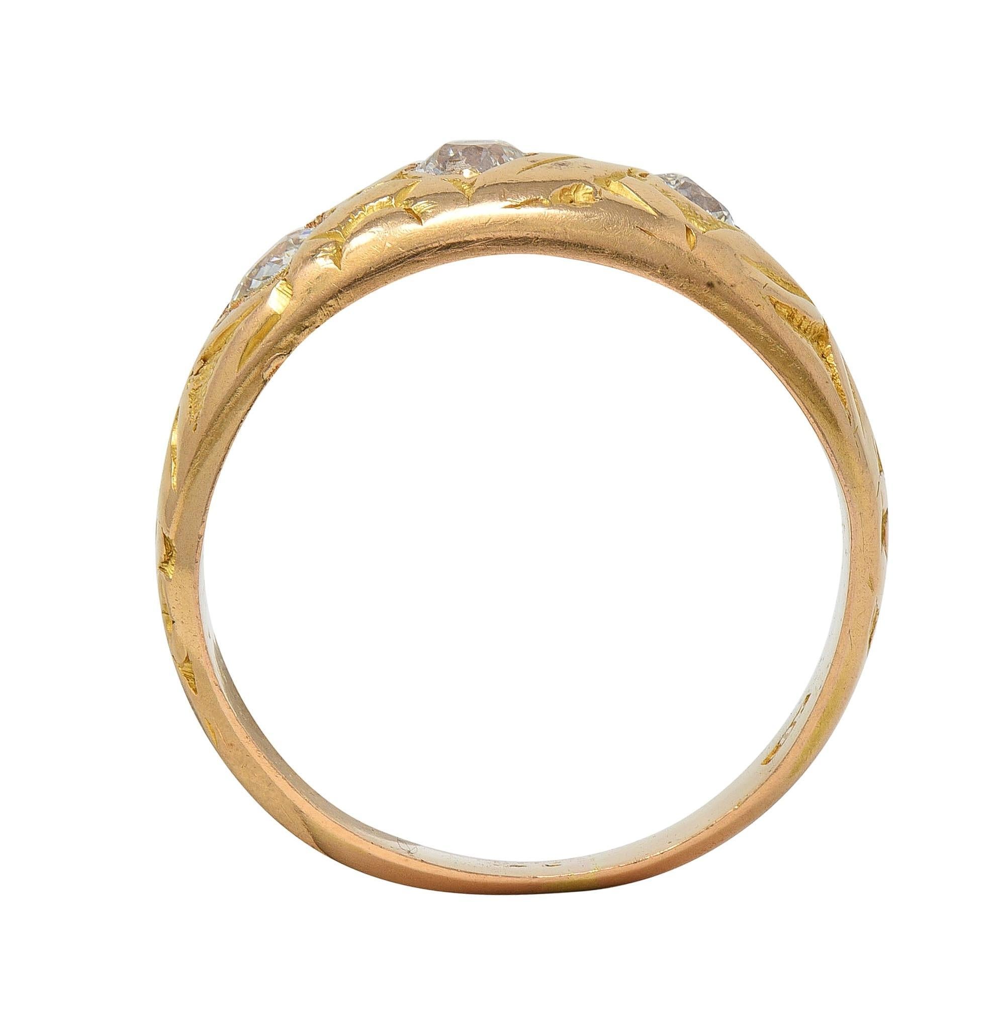 Victorian Diamond 18 Karat Yellow Gold Antique Floral Three Stone Band Ring For Sale 2