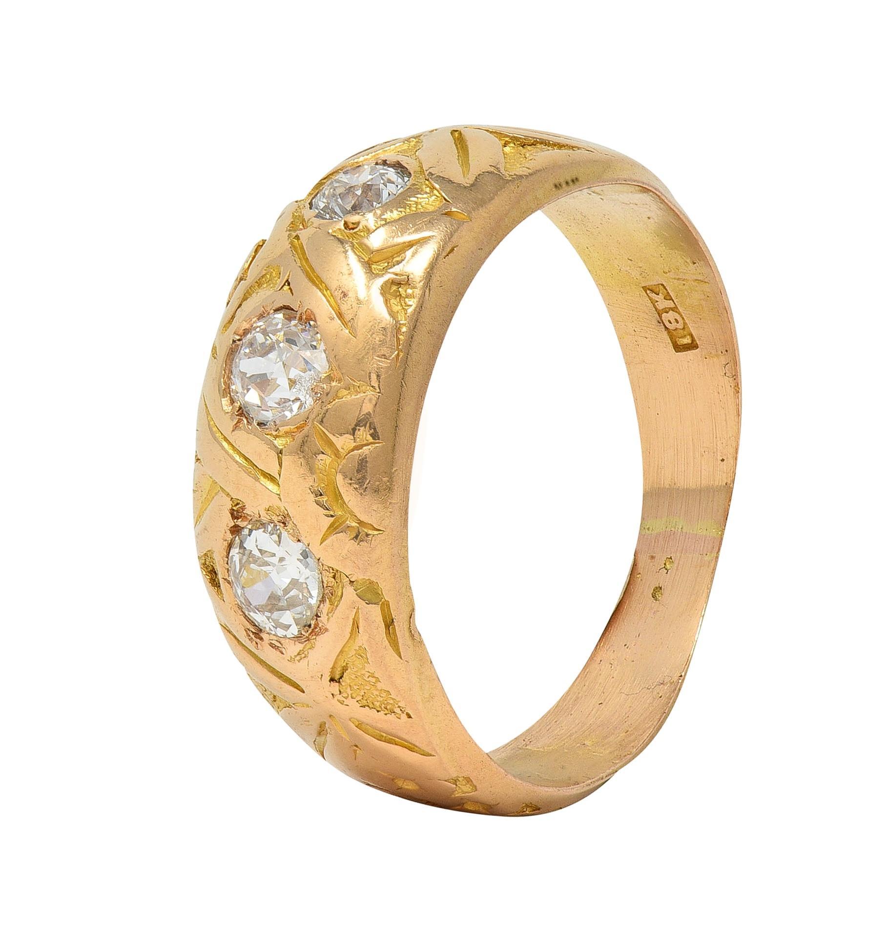 Victorian Diamond 18 Karat Yellow Gold Antique Floral Three Stone Band Ring For Sale 3