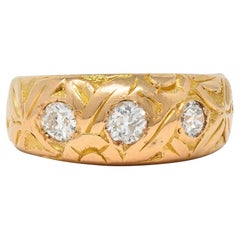 Victorian Diamond 18 Karat Yellow Gold Antique Floral Three Stone Band Ring