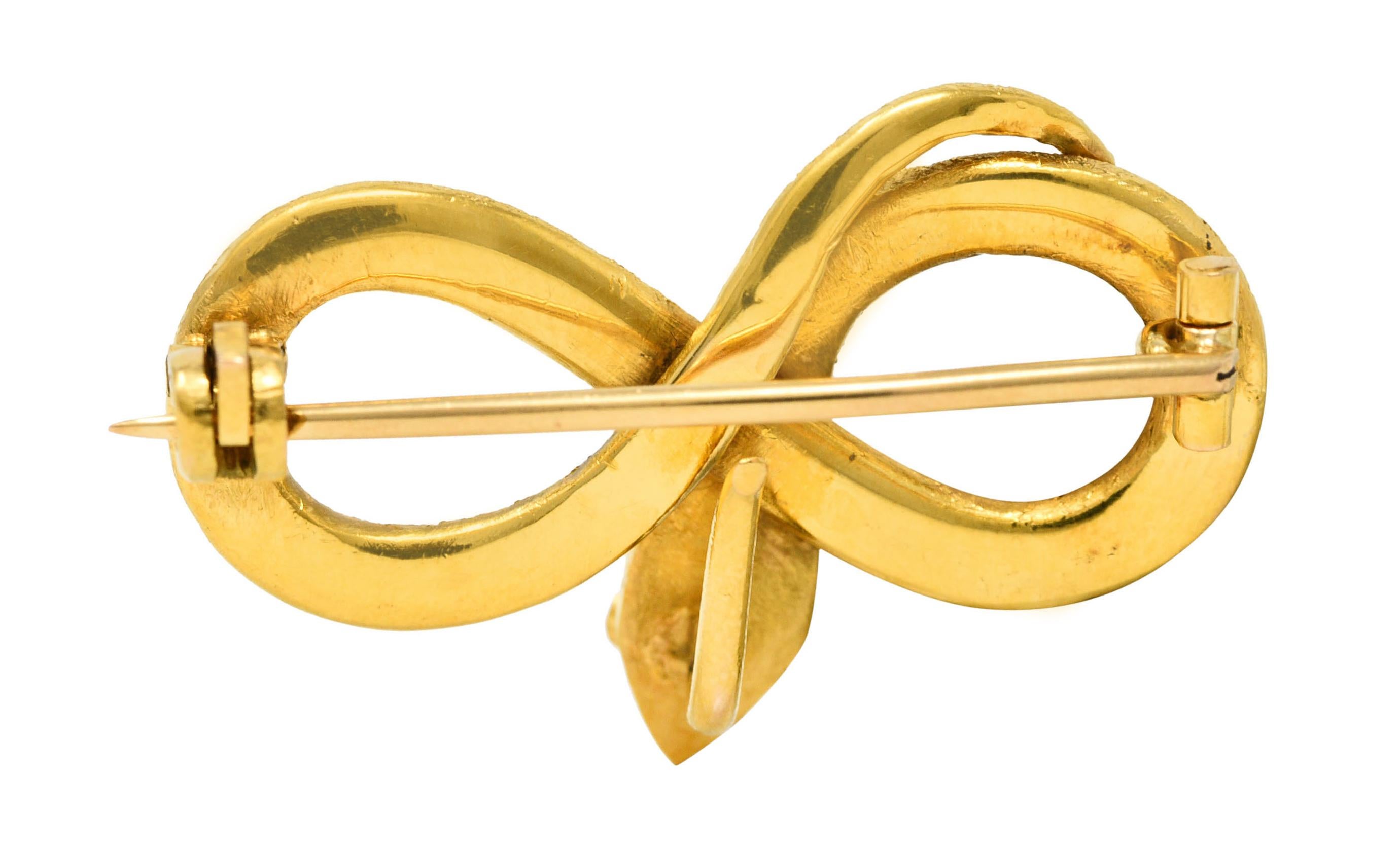 Single Cut Victorian Diamond 18 Karat Yellow Gold Infinity Love Knot Antique Snake Brooch