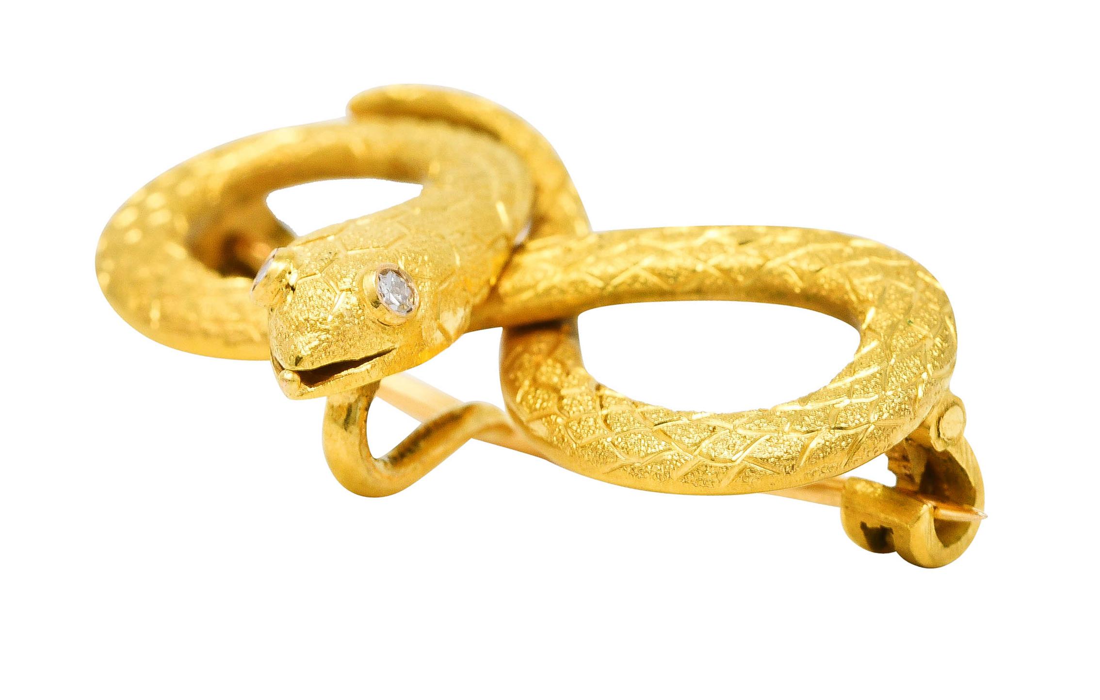 Women's or Men's Victorian Diamond 18 Karat Yellow Gold Infinity Love Knot Antique Snake Brooch