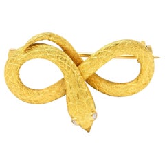 Victorian Diamond 18 Karat Yellow Gold Infinity Love Knot Antique Snake Brooch