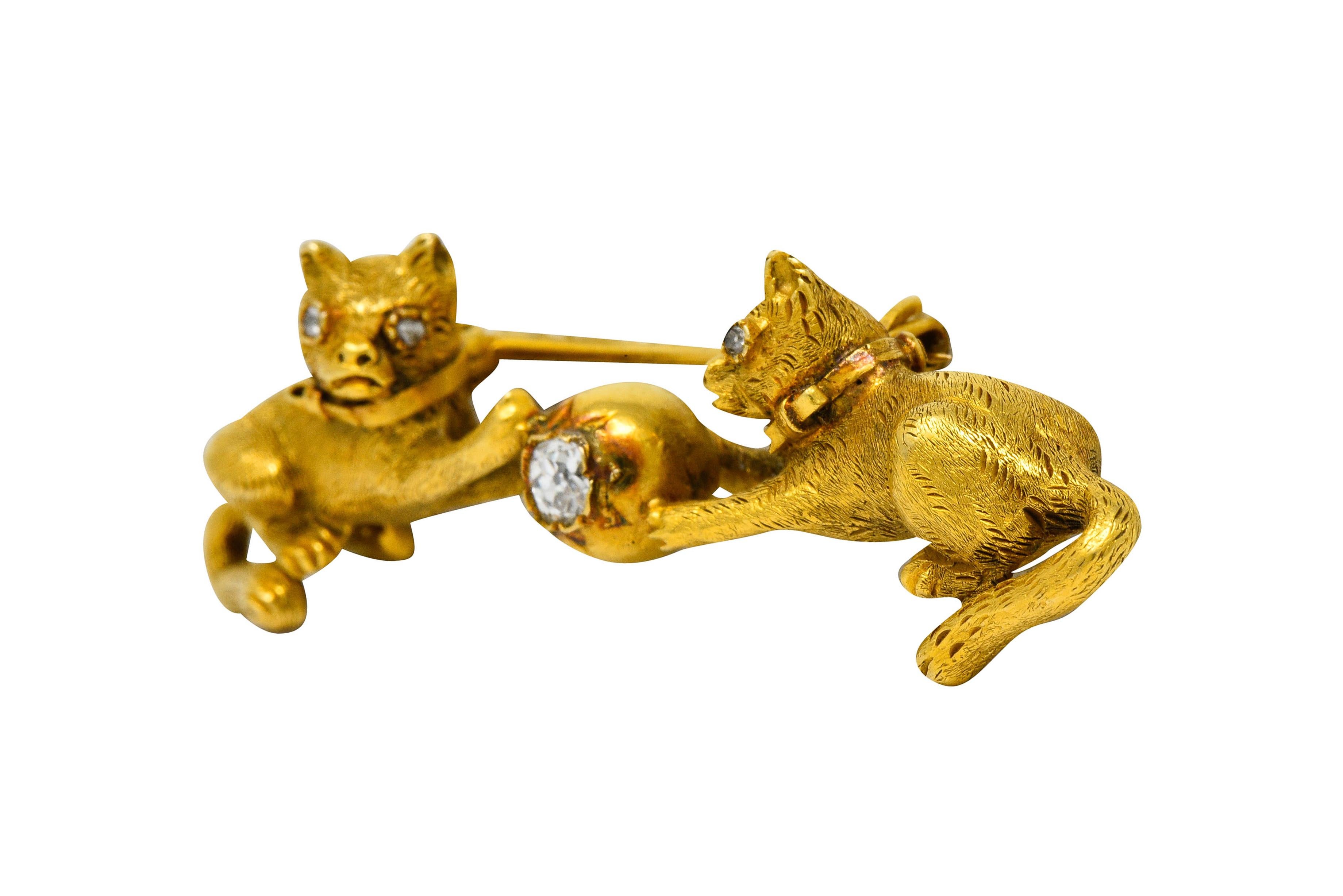 Old Mine Cut Victorian Diamond 18 Karat Yellow Gold Kitten Cat Bar Brooch