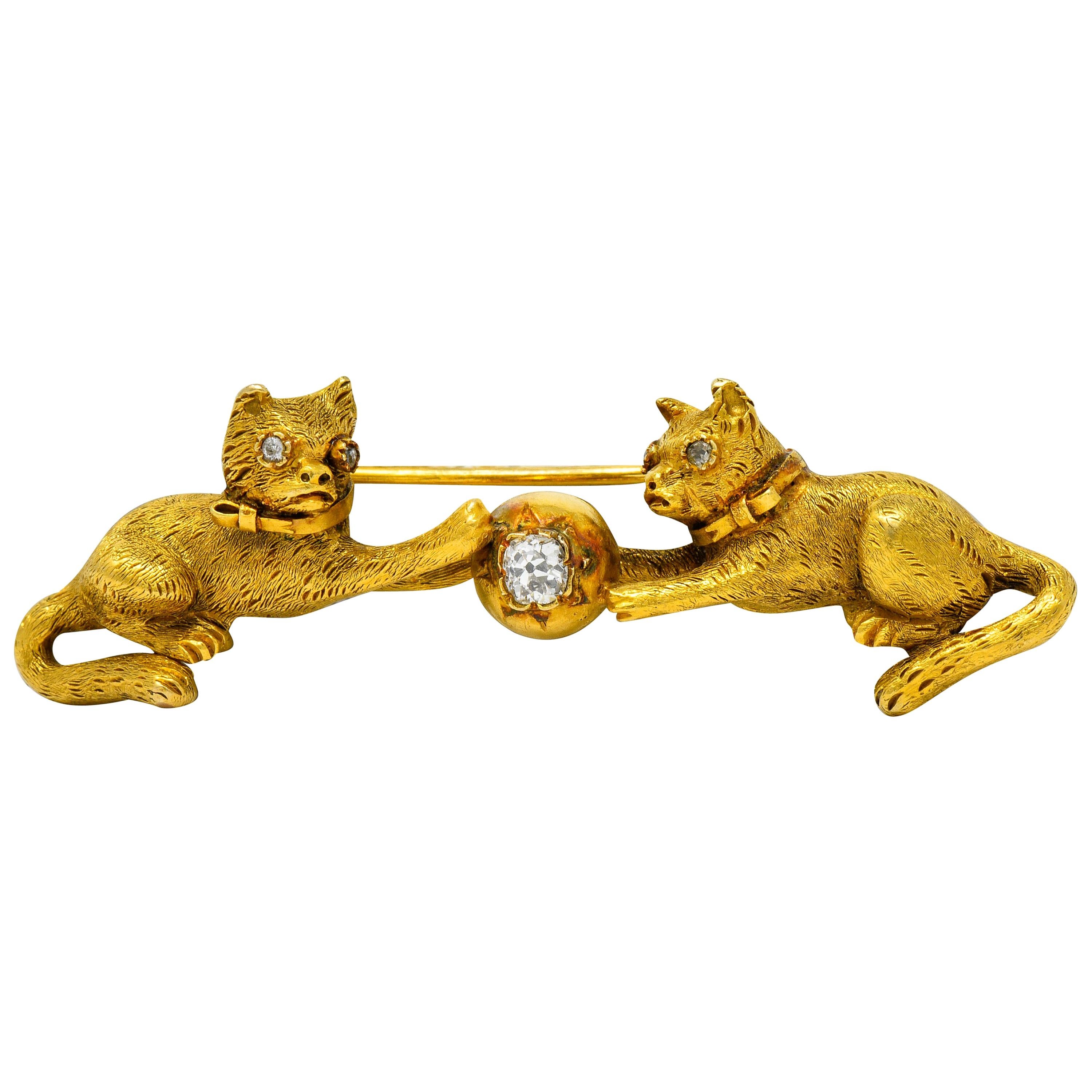 Victorian Diamond 18 Karat Yellow Gold Kitten Cat Bar Brooch